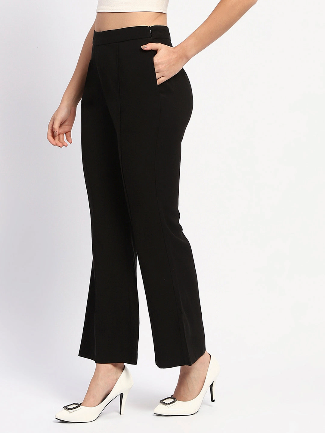 Timeless Comfort Simple Utility Madame Pleated Solid Black Flared Trousers