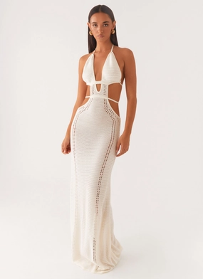 In Motion Cut Out Crochet Maxi Dress - White Softly Structured