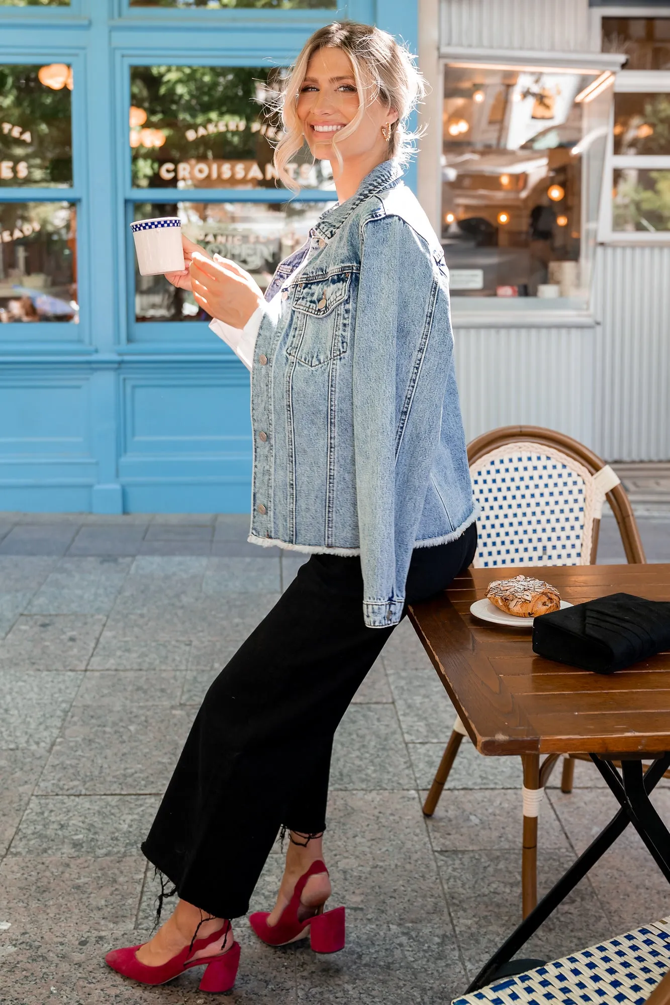 Devon Denim Jacket | Light Wash elastic waistband Cold Outfit