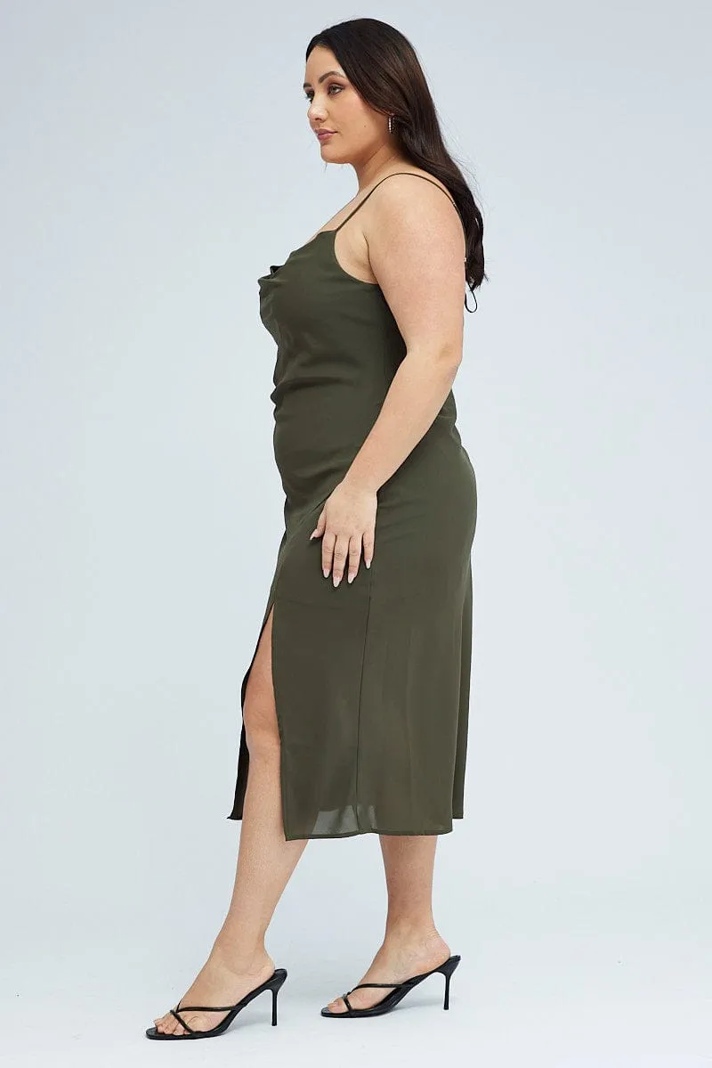 Sharp Look Warm Undertone Green Midi Dress Cocktail Split Side Strappy