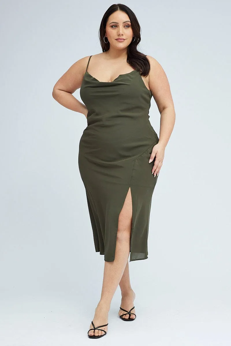 Green Midi Dress Cocktail Split Side Strappy Timeless Comfort Wear Light Elegance