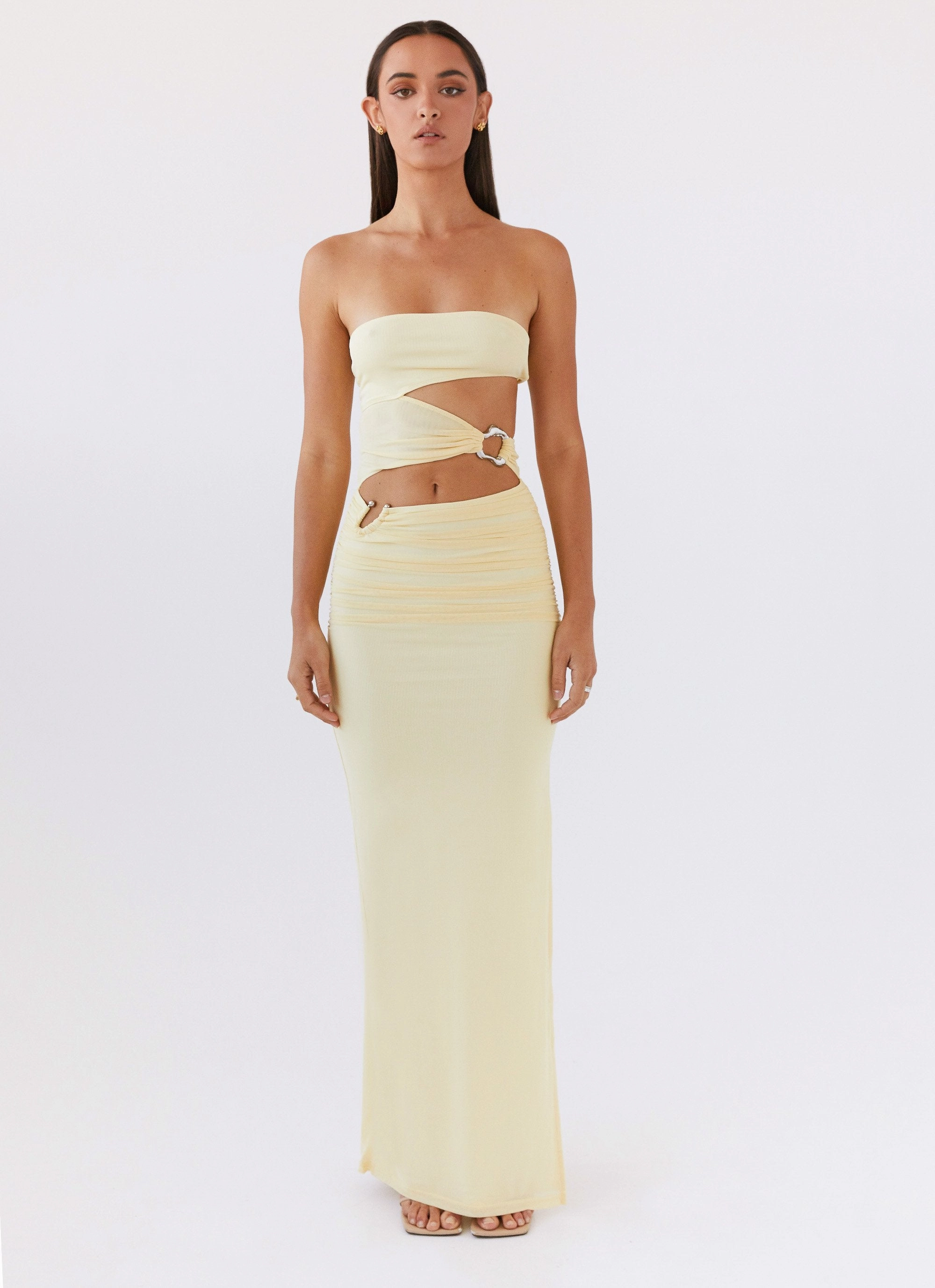 Into Pieces Mesh Maxi Dress - Lemon Petite Chic Zip Closure