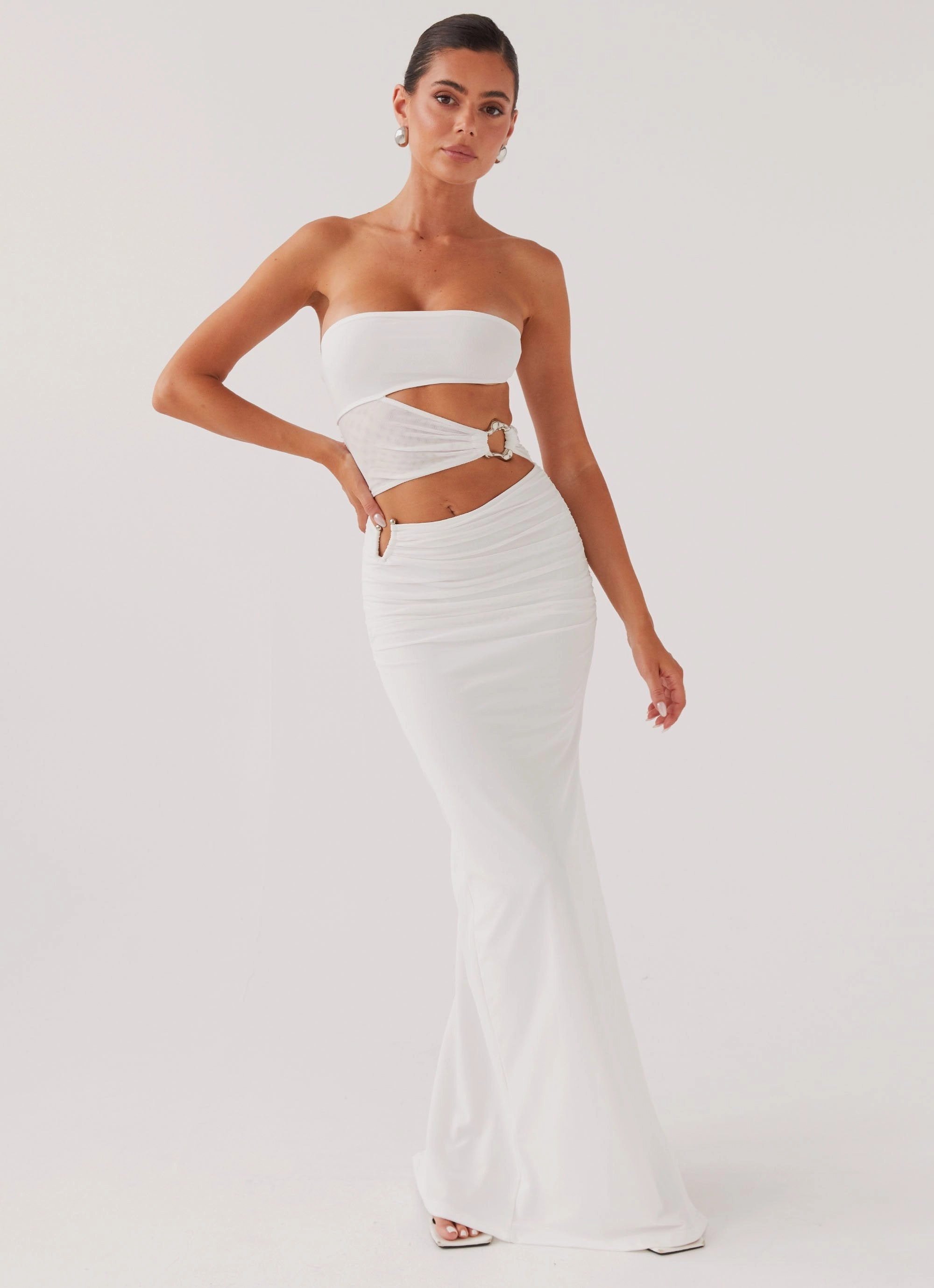 Relaxed Fit Look Into Pieces Mesh Maxi Dress - White