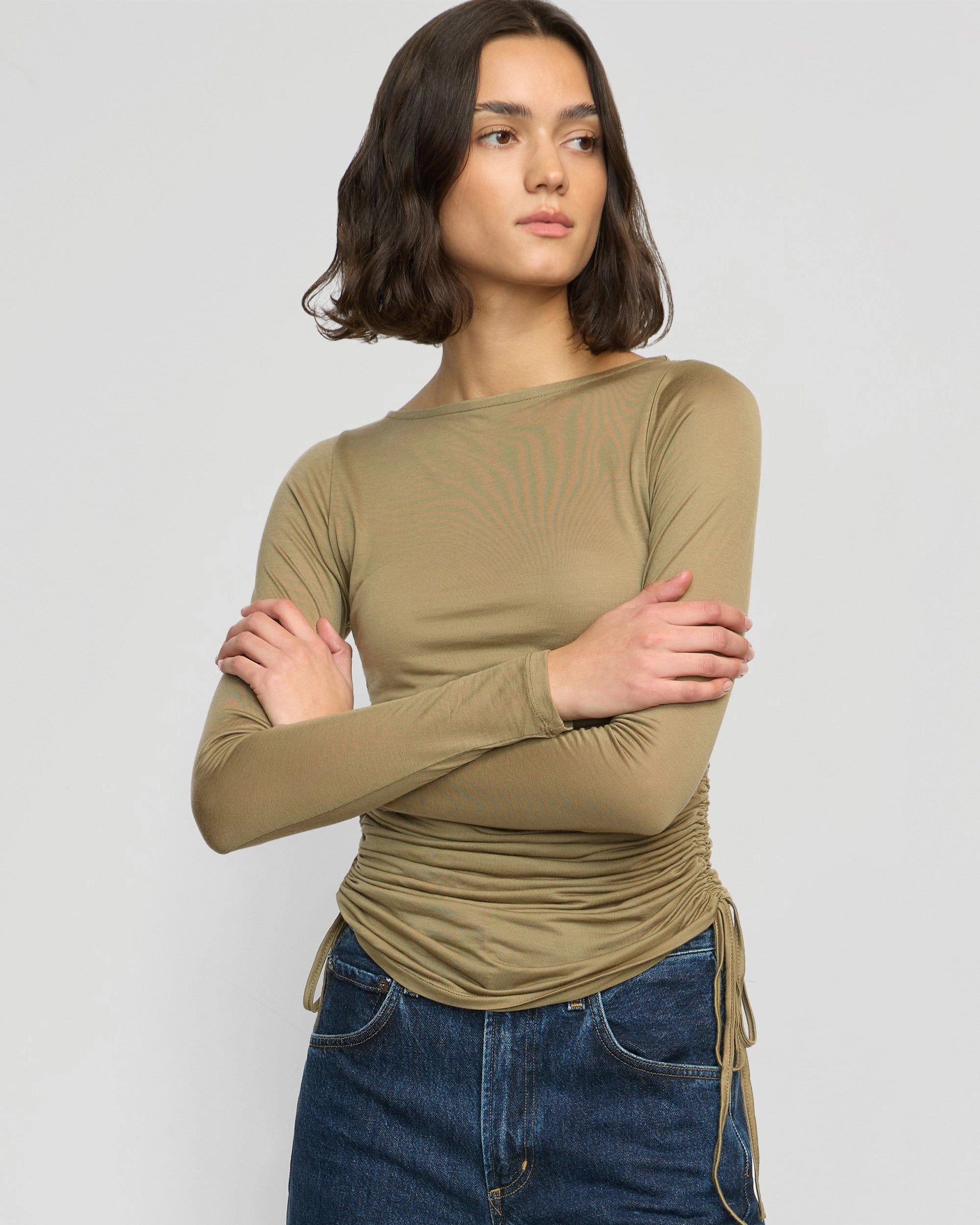 Joan Tencel Ruched-Side Semi-Sheer Tee Lightweight Material StretchFabric