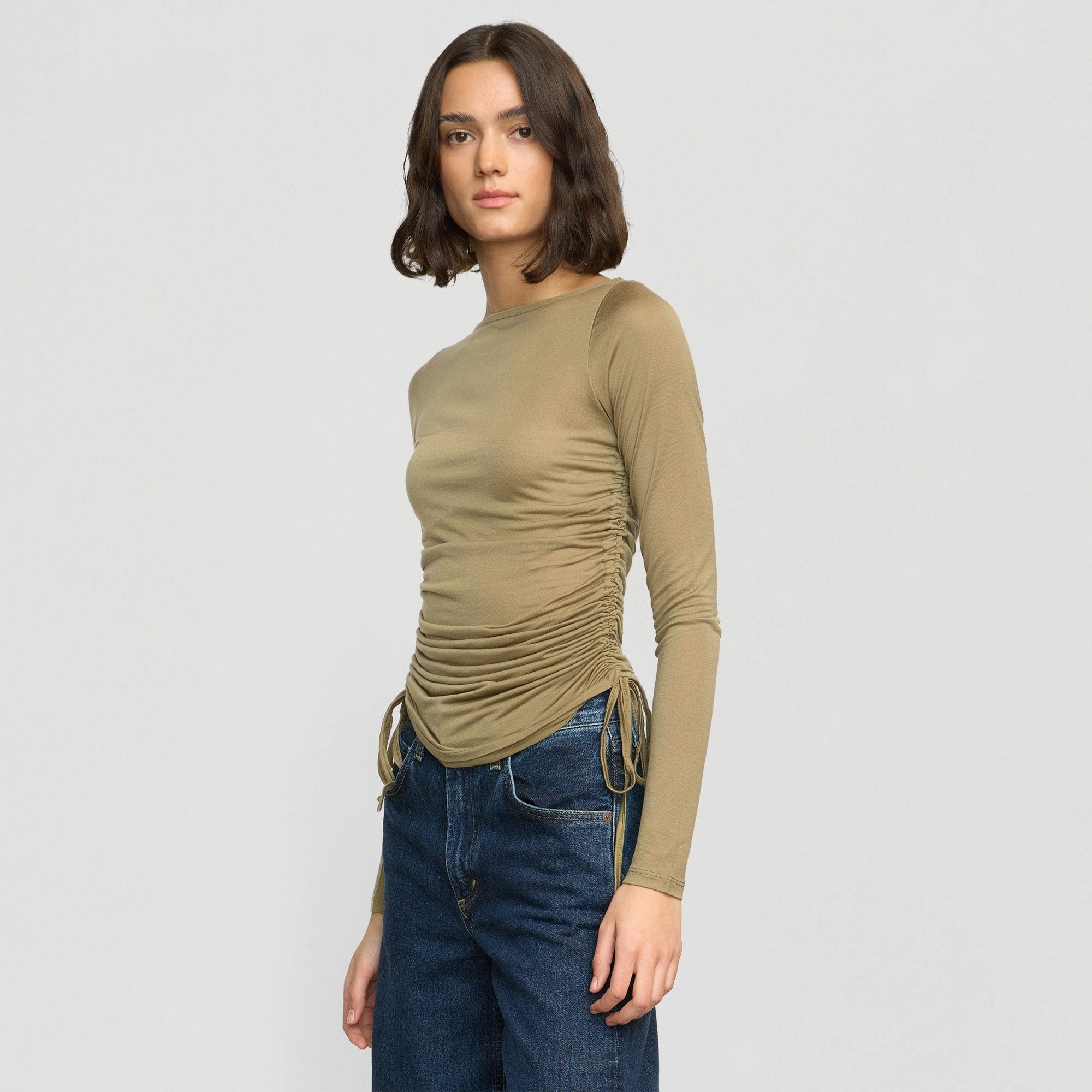 Joan Tencel Ruched-Side Semi-Sheer Tee Everyday Wearable