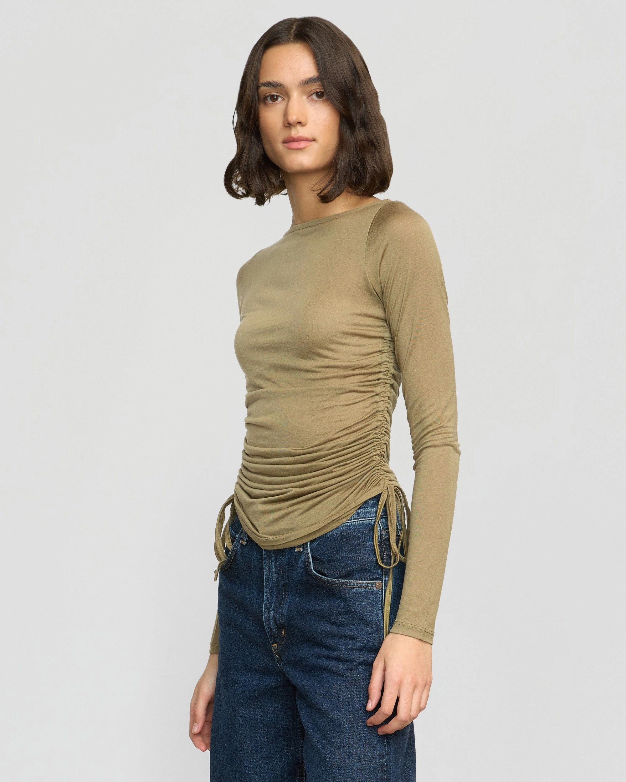 MoistureControlFibers Ethically Sourced Materials Joan Tencel Ruched-Side Semi-Sheer Tee