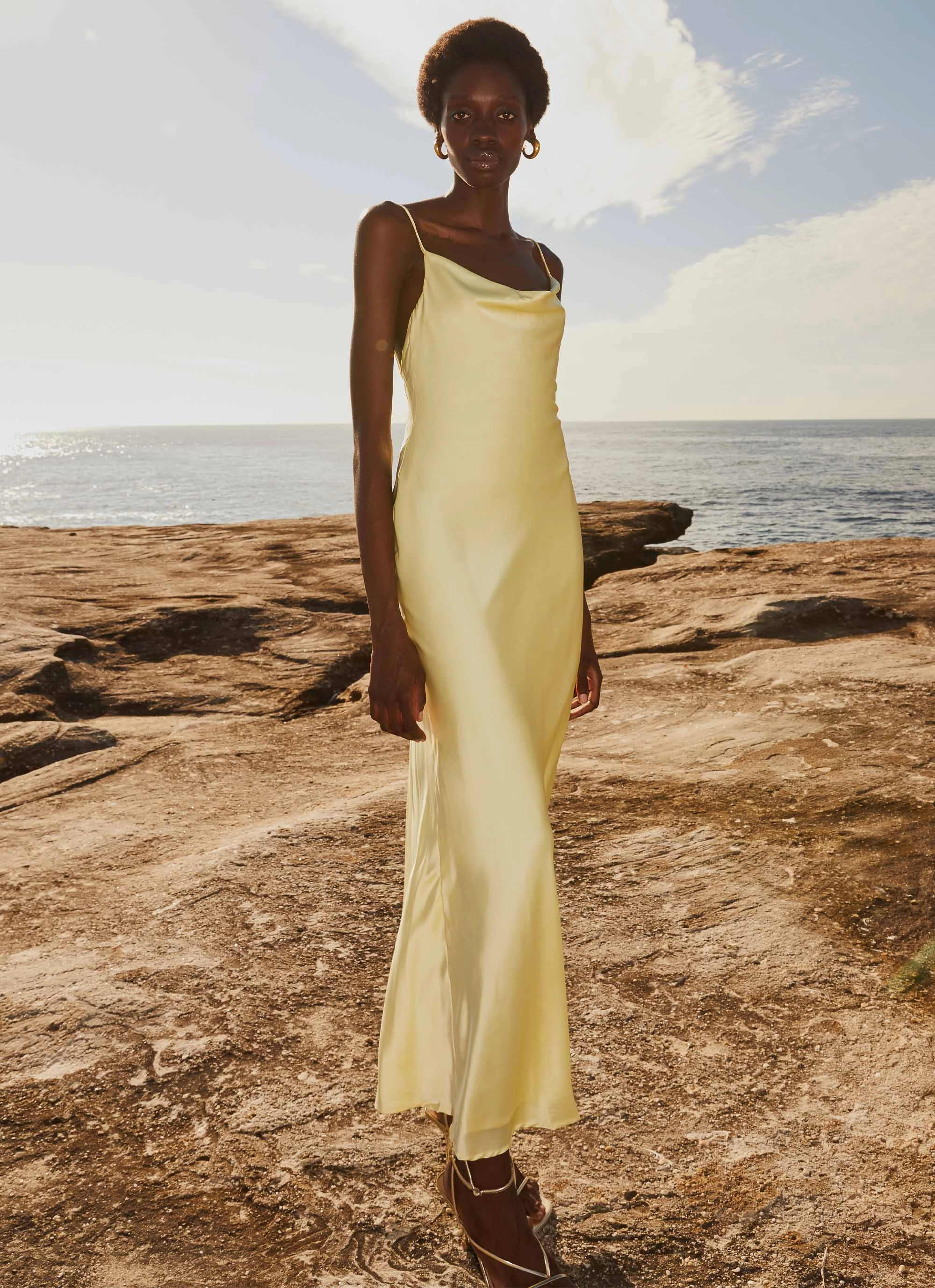 Joanna Satin Maxi Dress - Lemon Breathable Wearable