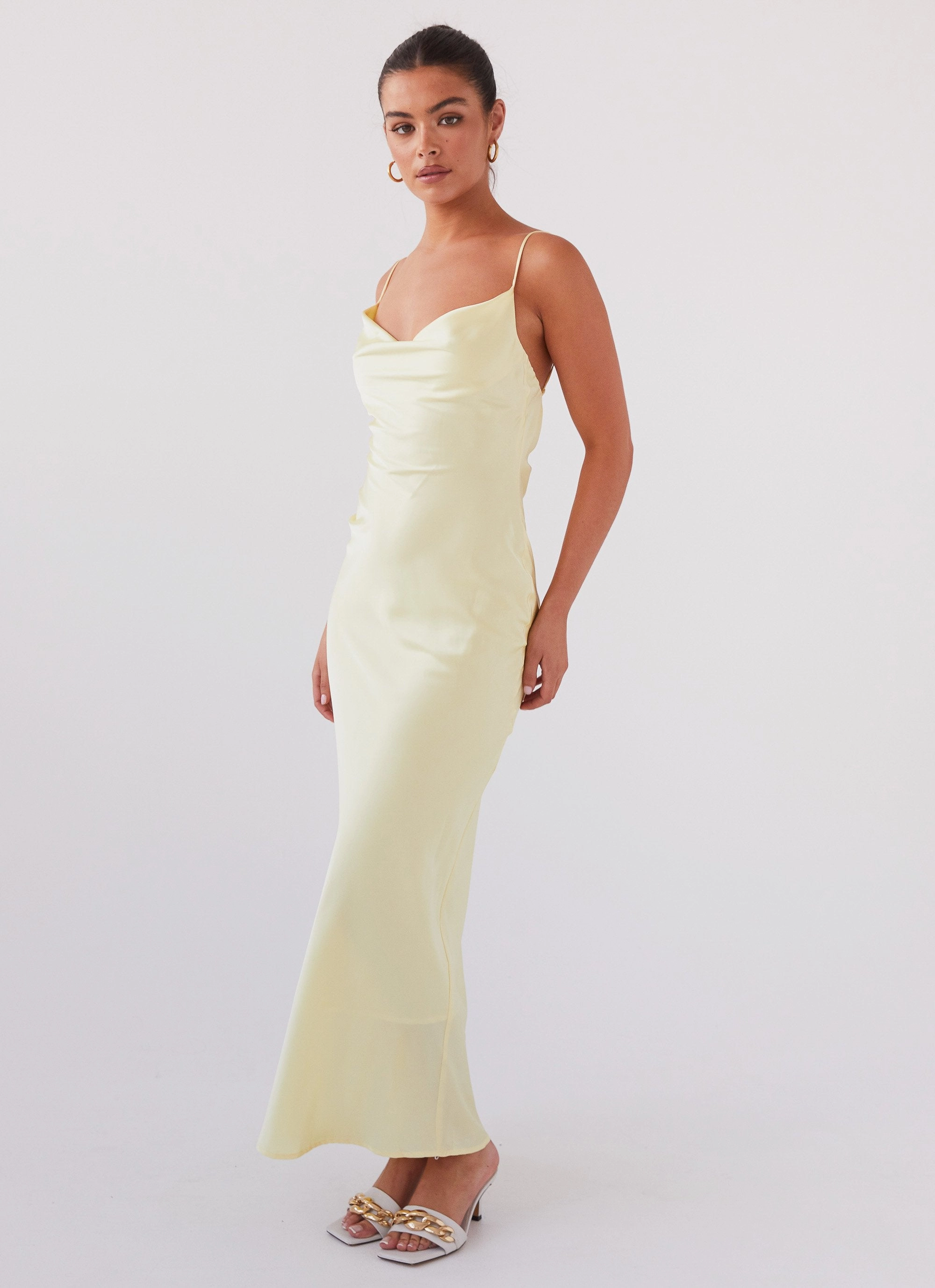 Versatile and Comfortable Feminine full-length gown Joanna Satin Maxi Dress - Lemon