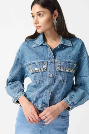 Joseph Ribkoff - 242917 Embellished Denim Jacket Soft Cover Drop Tail Hem