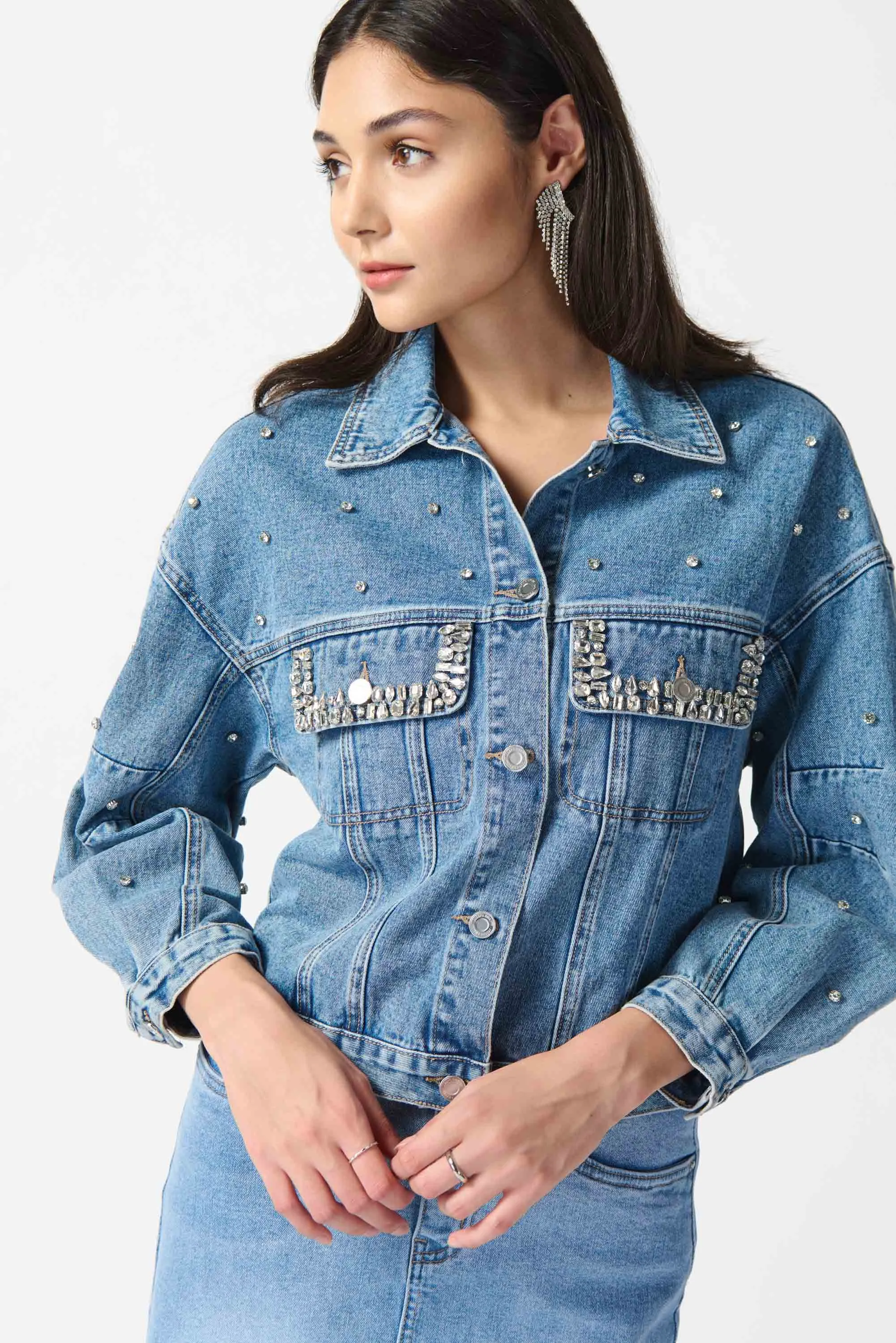 Joseph Ribkoff - 242917 Embellished Denim Jacket Soft Cover Drop Tail Hem