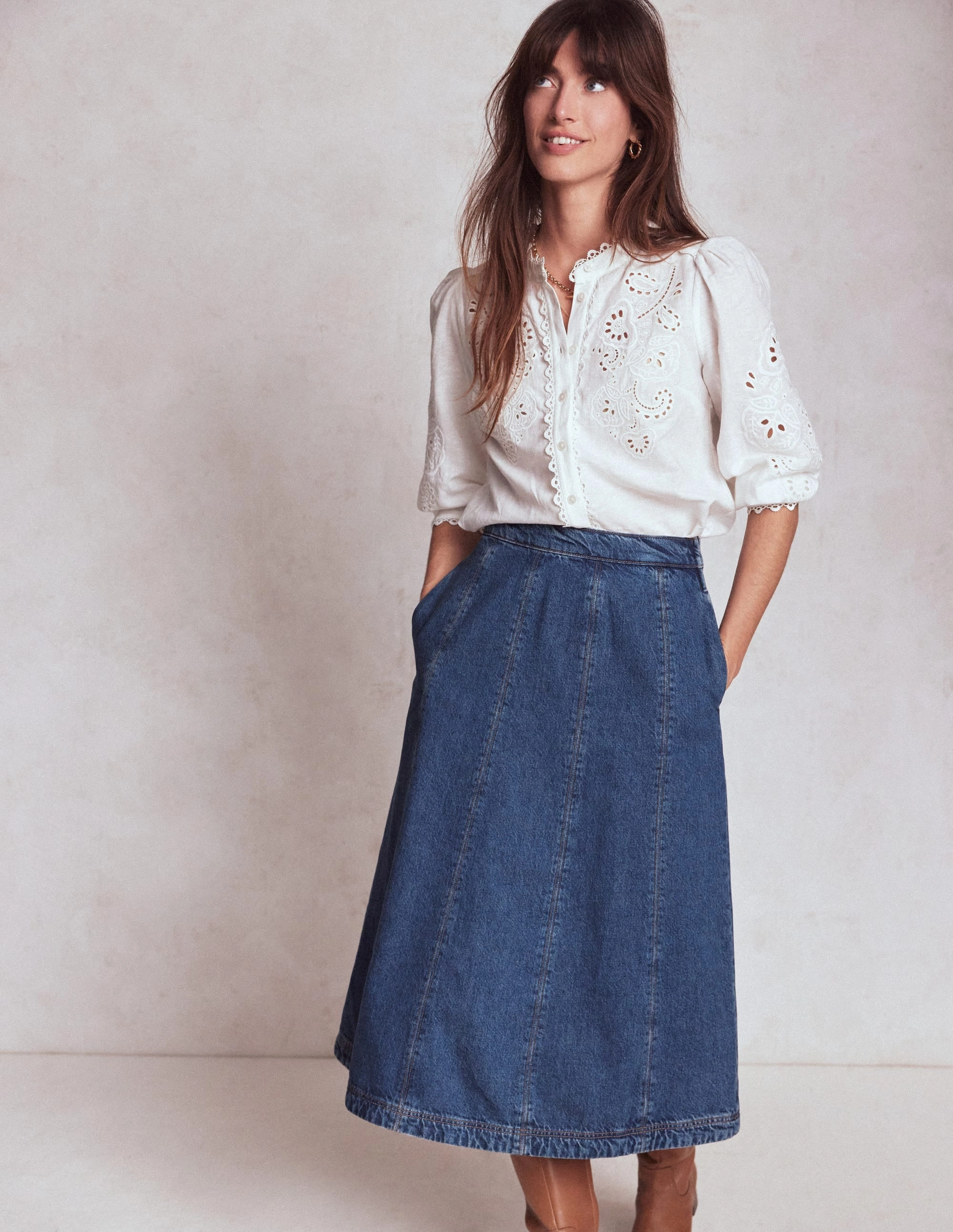 Joy Panelled Denim Skirt-Mid Wash Laid Back Look