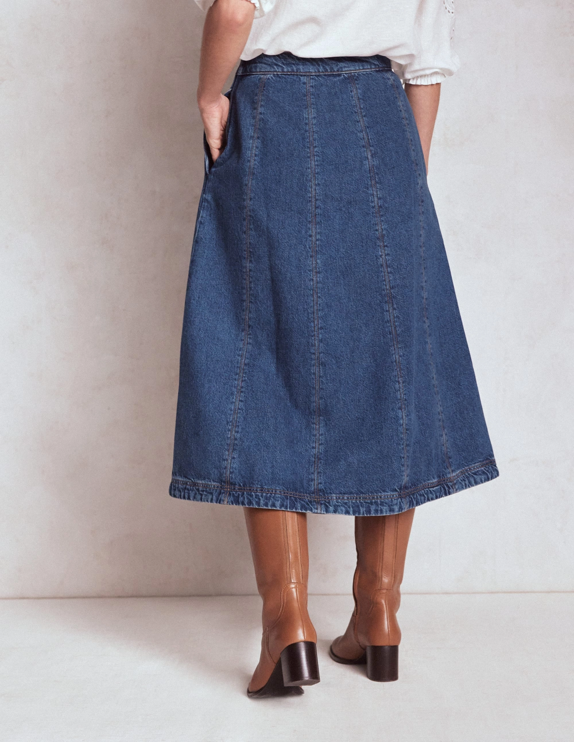 A line Joy Panelled Denim Skirt-Mid Wash