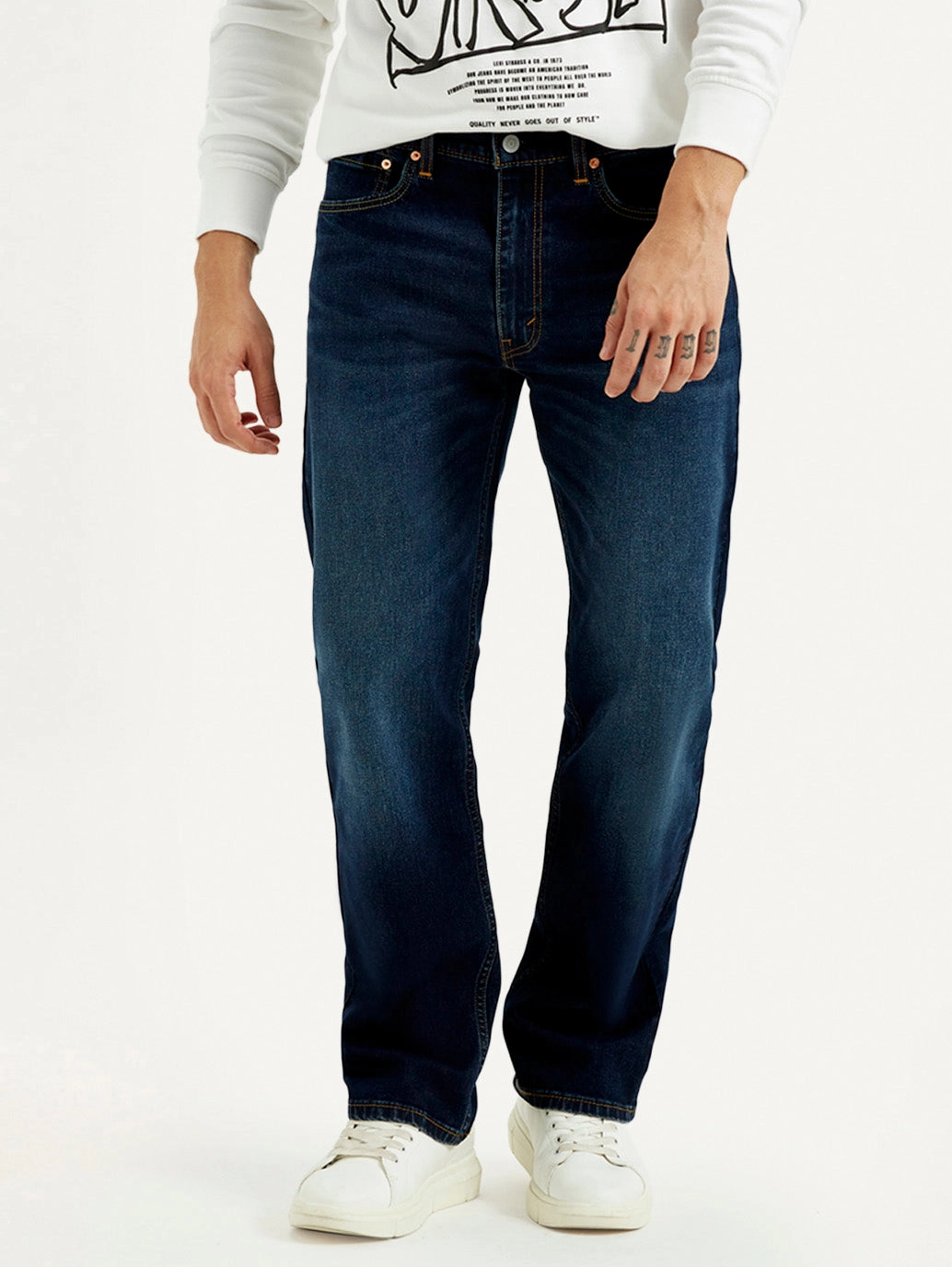 Textured Party Look Soft Men's 555 Dark Indigo Loose Fit Mid Rise Jeans