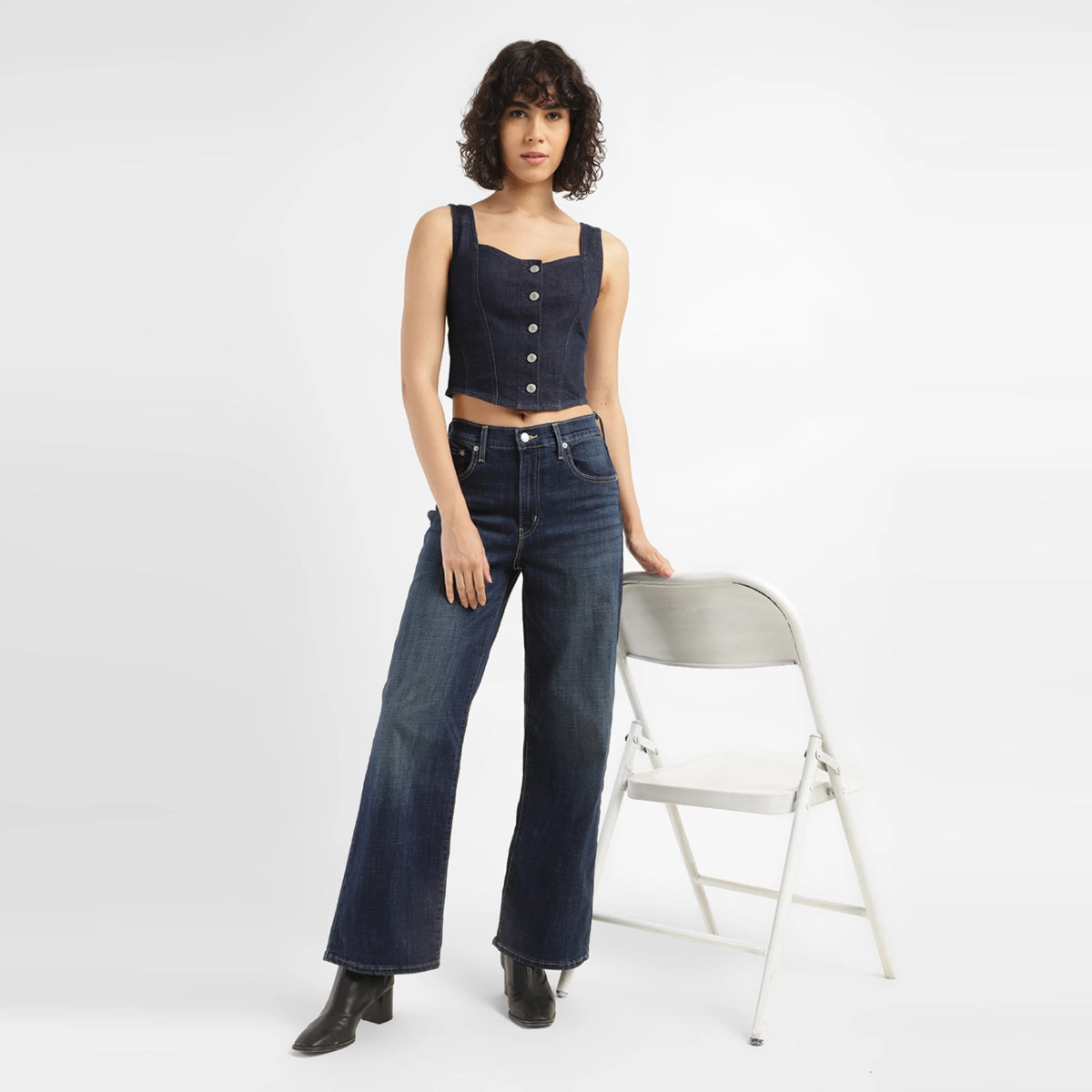 Women's Blue Wide Leg Fit High Rise Jeans Grab And Go