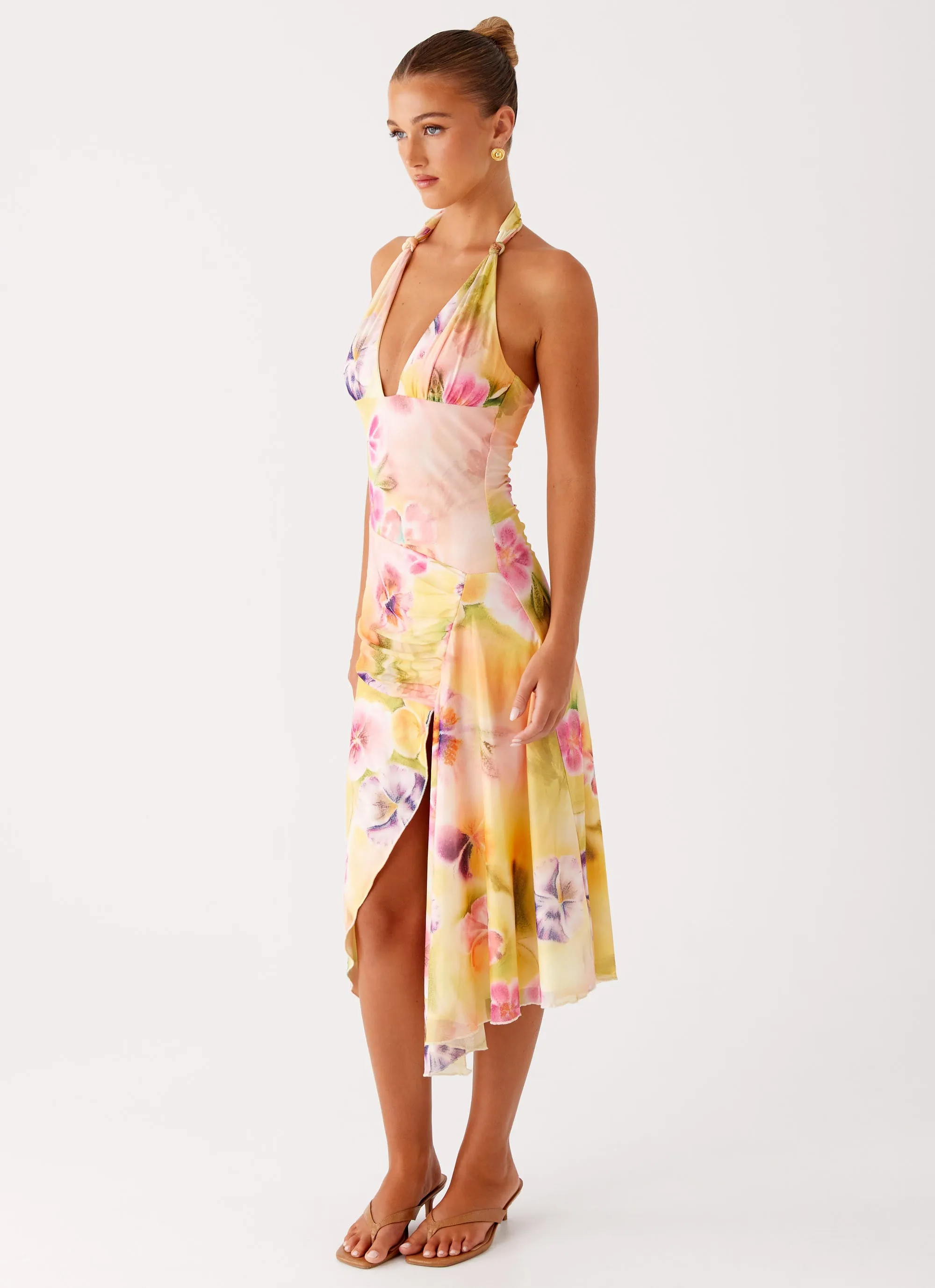 Kayce Midi Dress - Sunburst Floral Statement-Buttons Silky Finish