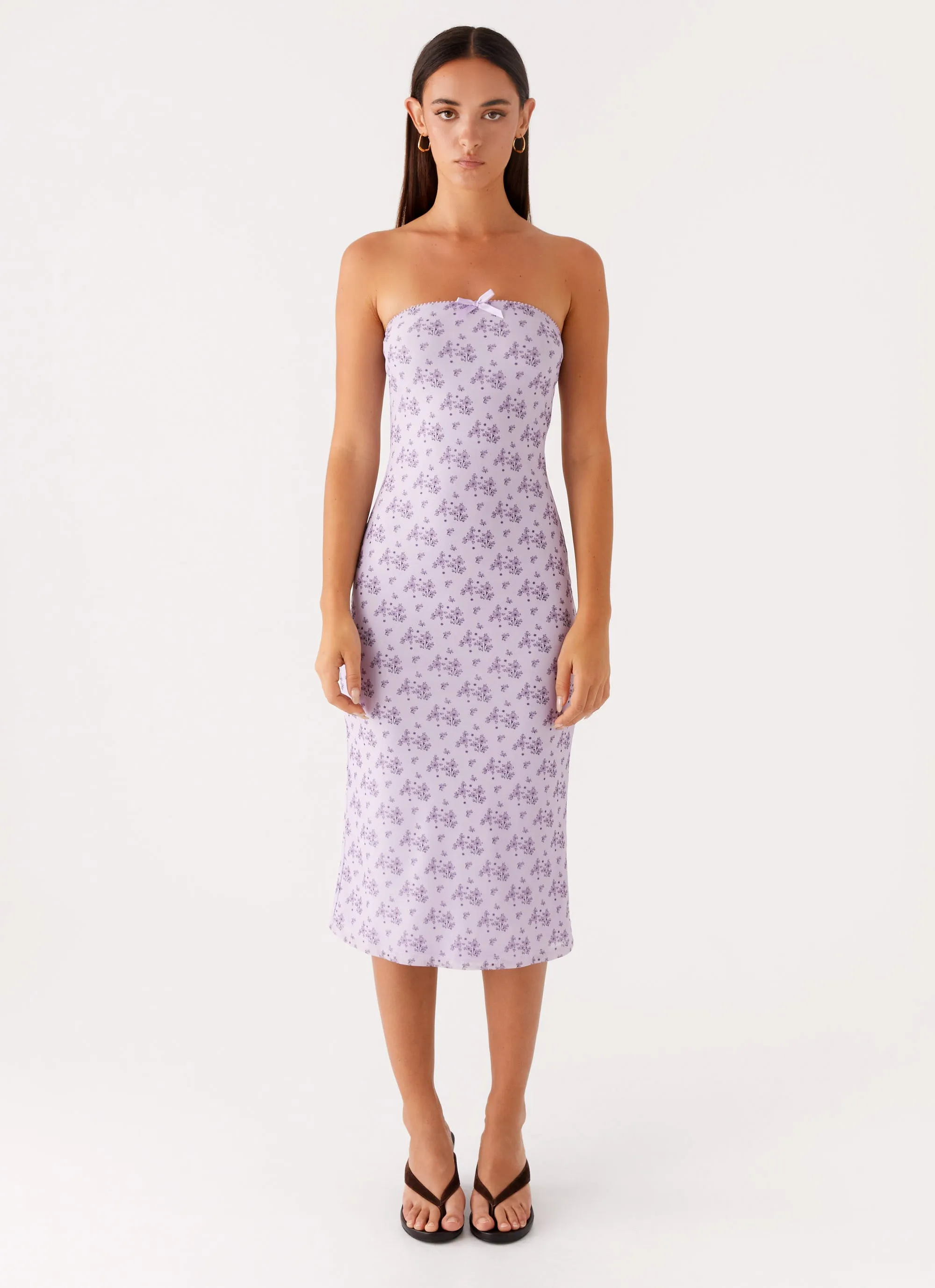 Keila Strapless Midi Dress - Lavender Meadow Glossy Fabric