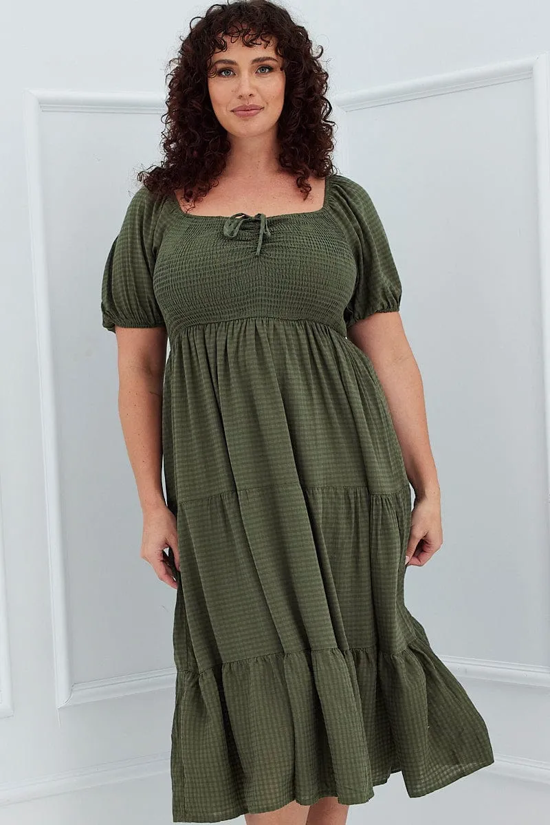 Daily Option Warm-Layer Khaki Short Sleeve Shirred Midi Dress