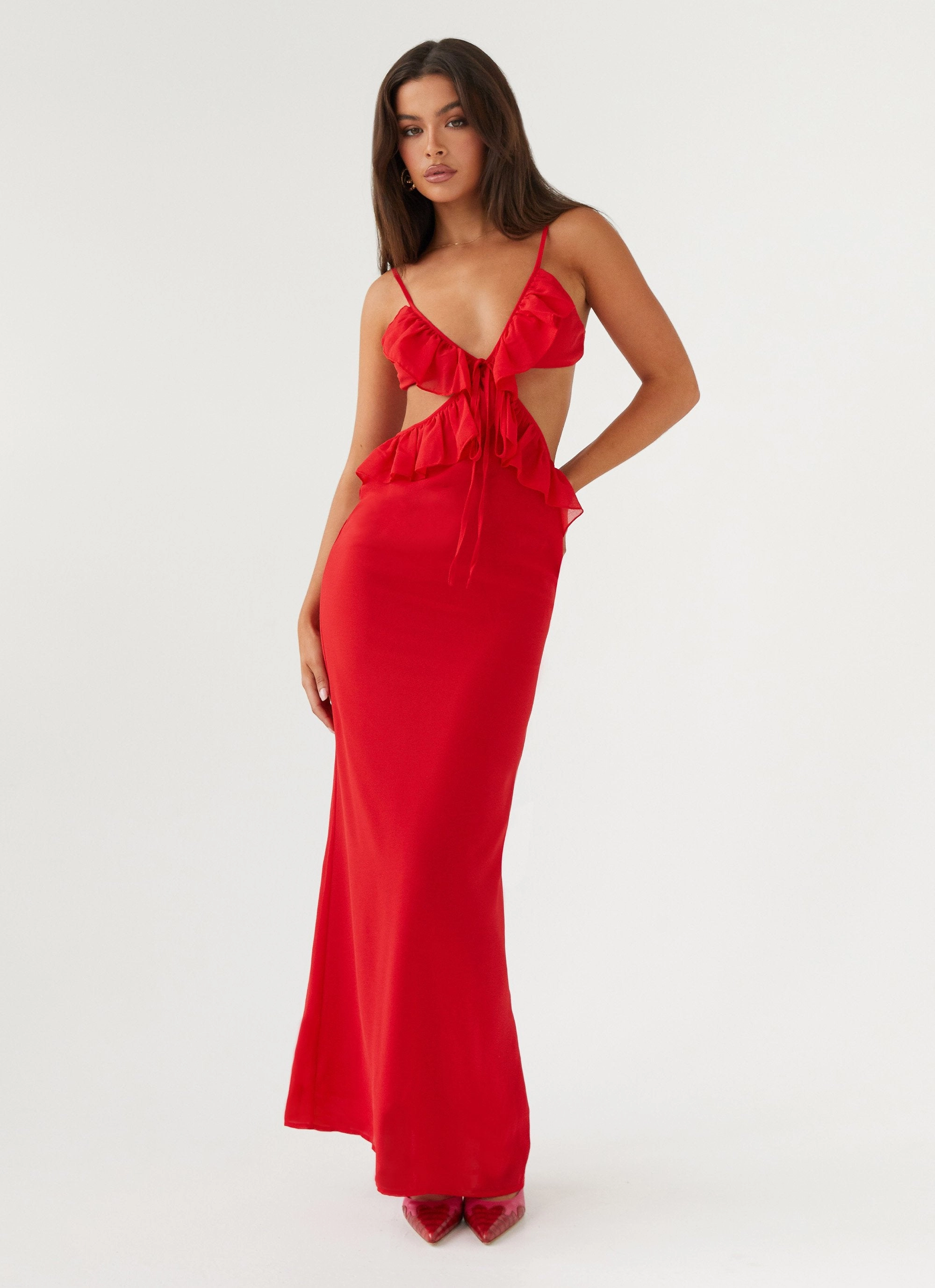 Klara Cut Out Maxi Dress - Red Dreamy Drape Silk Air