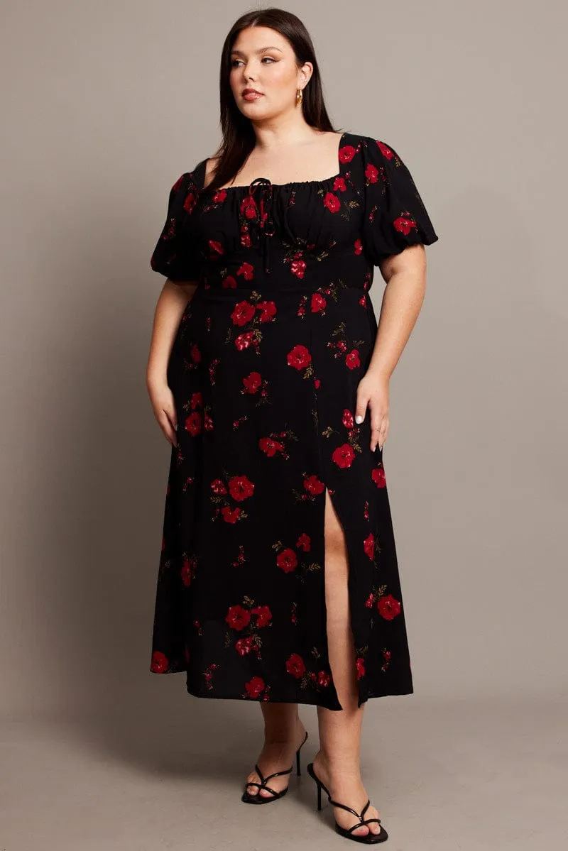 Black Ditsy Midi Dress Short Sleeve Ruched Bust Resort-Wear