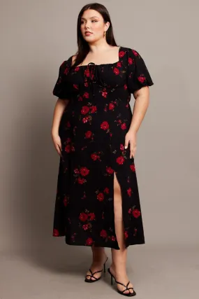 Black Ditsy Midi Dress Short Sleeve Ruched Bust Resort-Wear