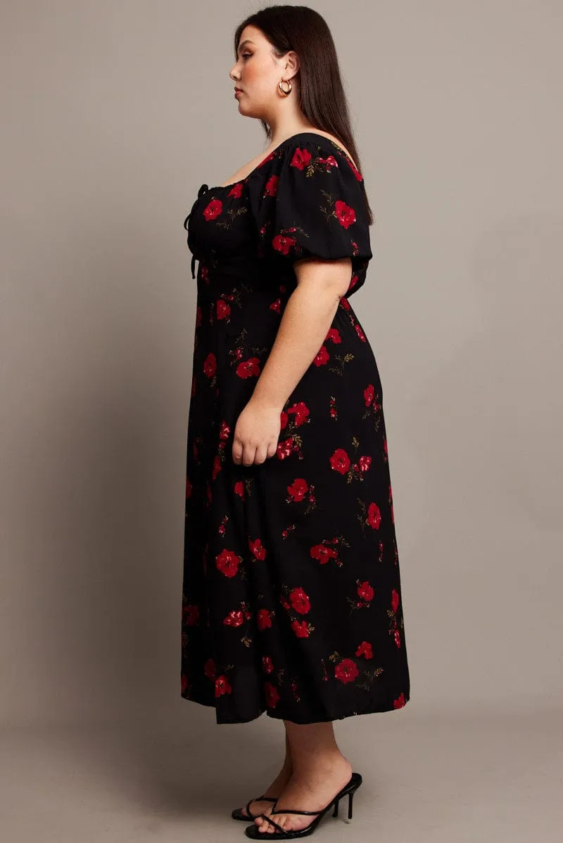 Scandi Clean Black Ditsy Midi Dress Short Sleeve Ruched Bust