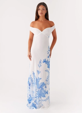 Krissa Maxi Dress - Blue Floral Contrast-Panel Easy Wrap
