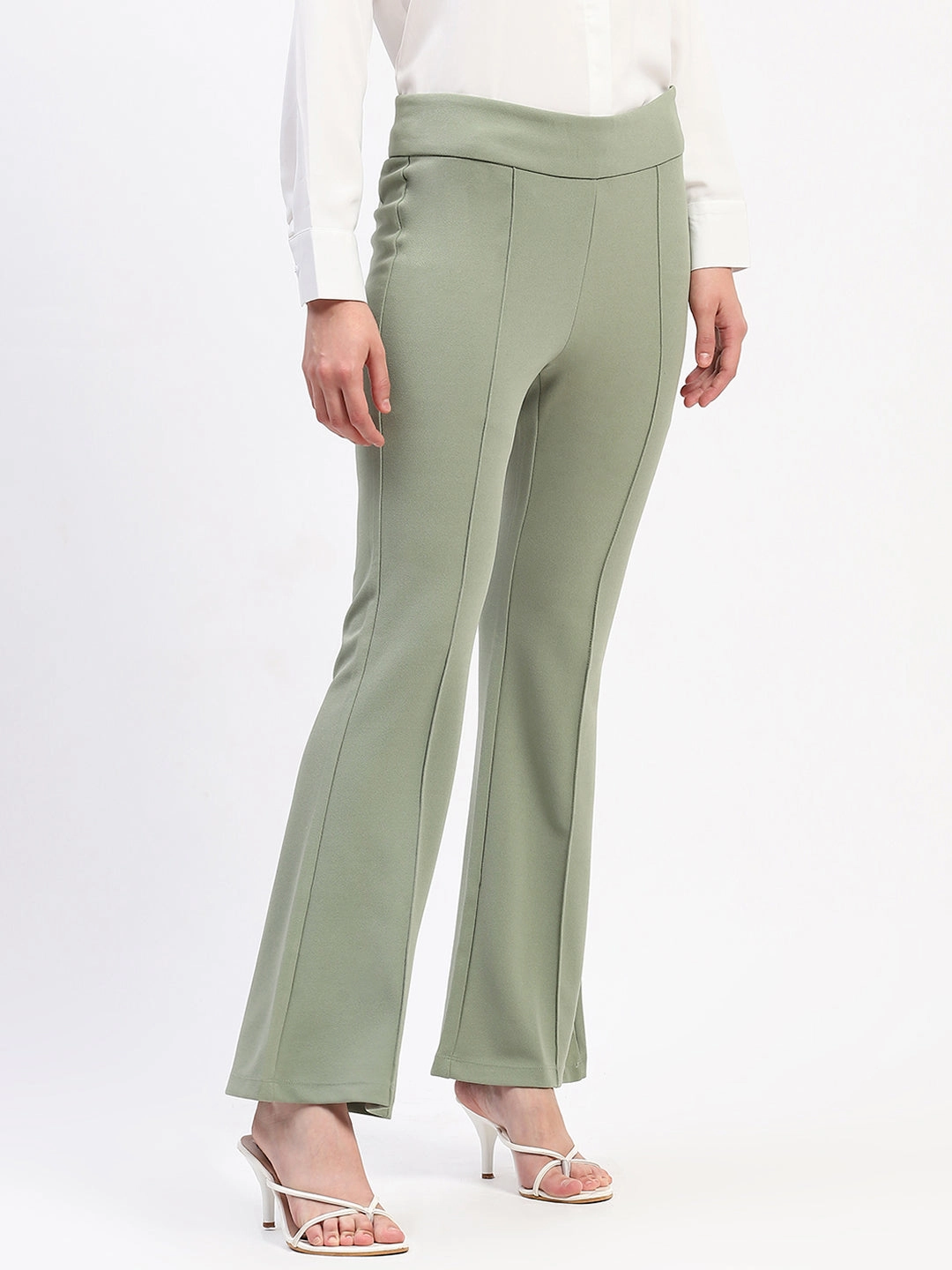 Madame Pleated Elasticated Waist Solid Mint Trousers Practical Fit