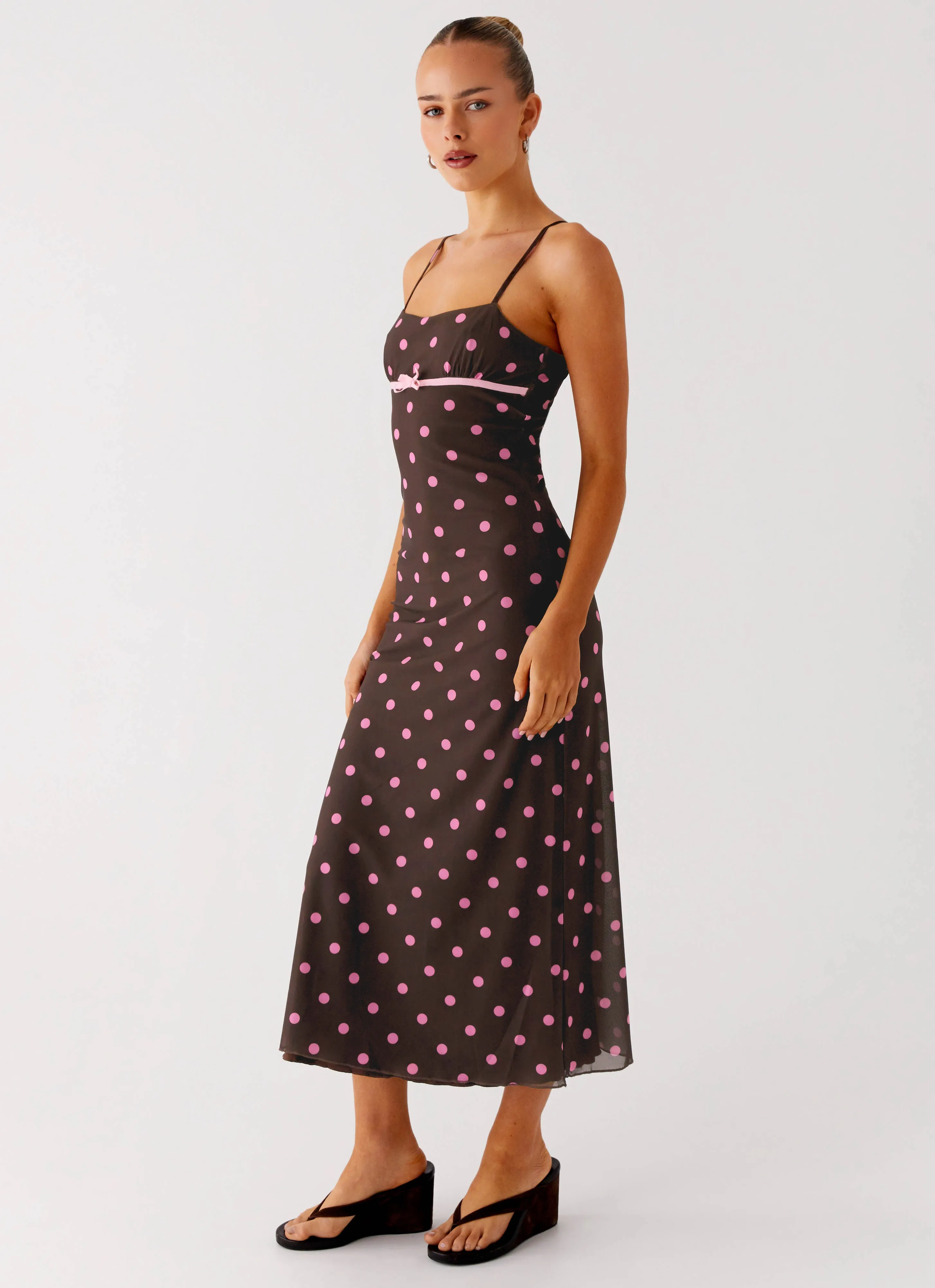 Layered Comfort Travel Friendly Latto Midi Dress - Chocolate Strawberry Dot