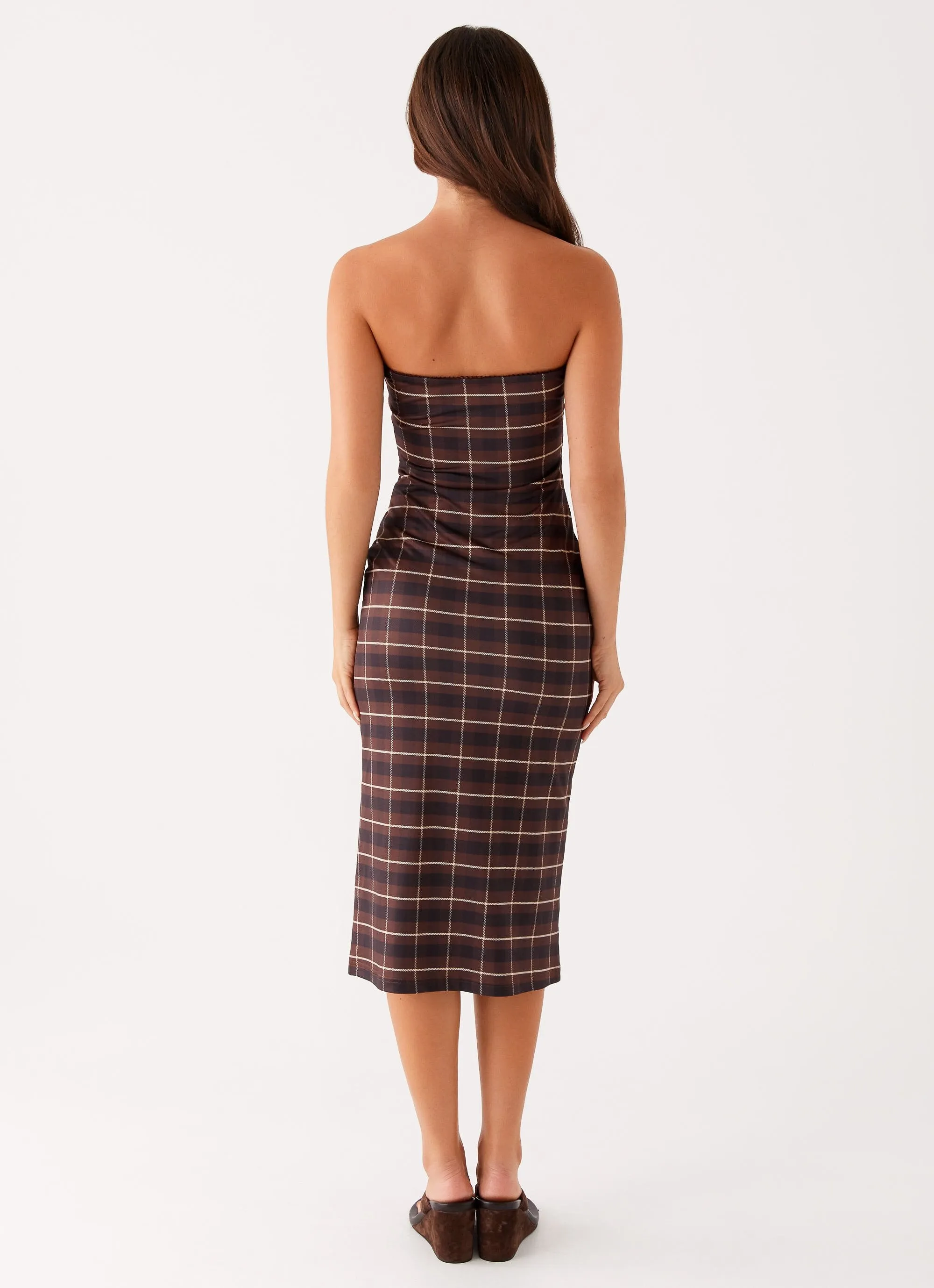 Inner Feel Niko Strapless Midi Dress - Brown Black Check