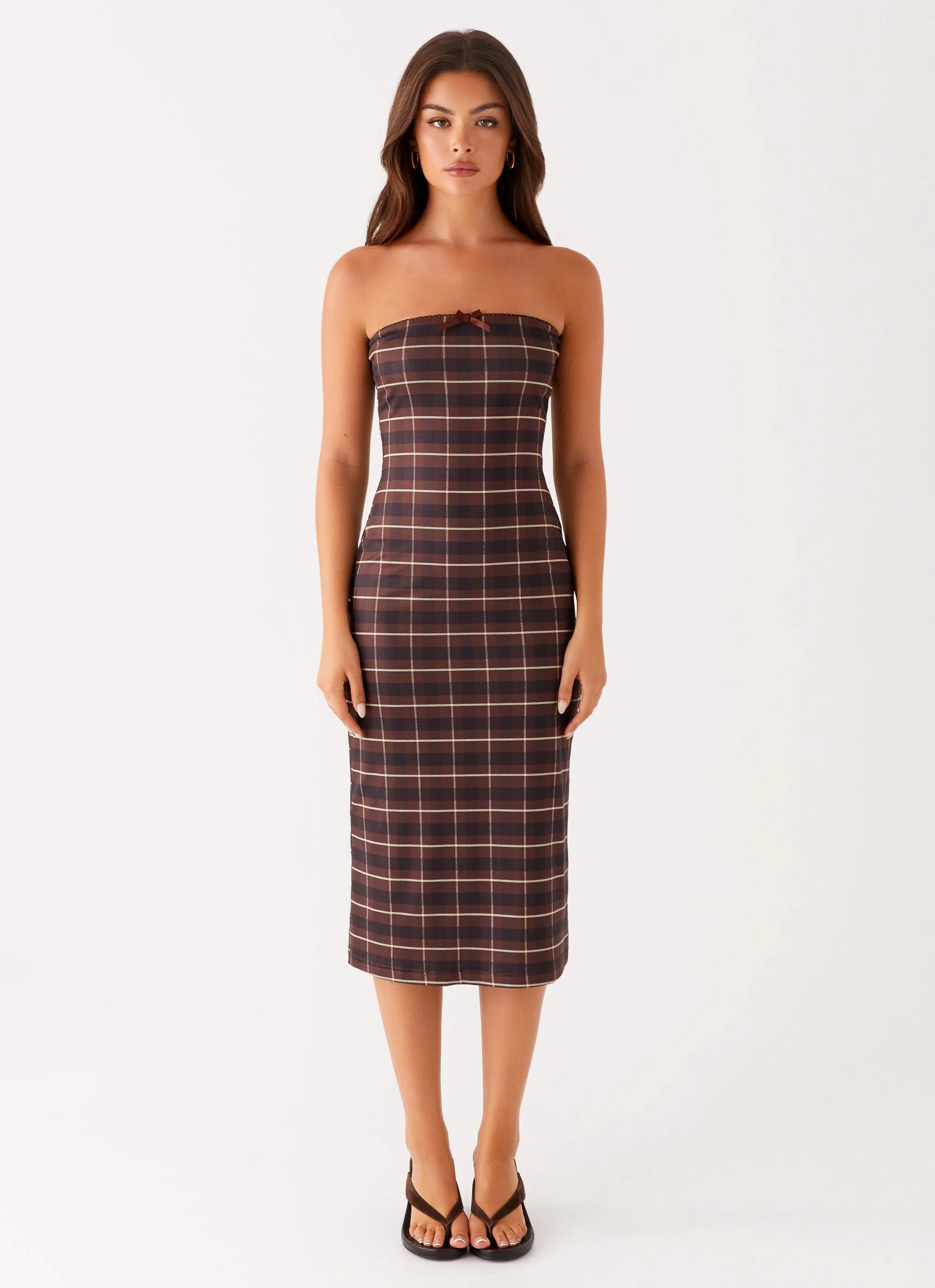 Niko Strapless Midi Dress - Brown Black Check Perfect Day-to-Night Trendy Look