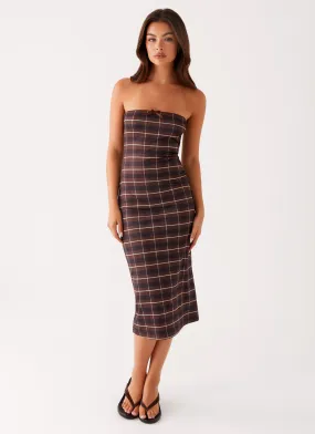 Niko Strapless Midi Dress - Brown Black Check Dreamy Look Relax Mode