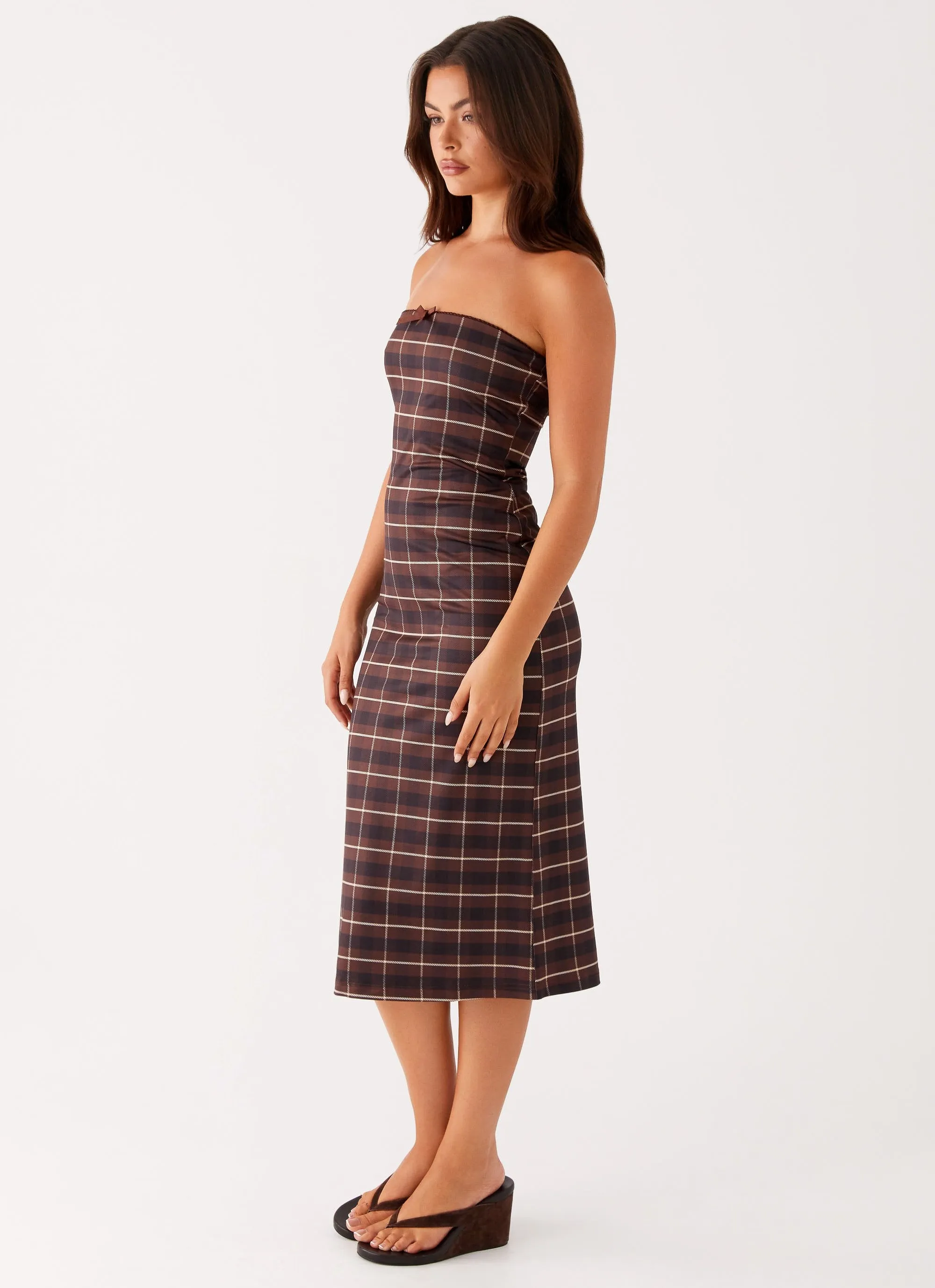 Niko Strapless Midi Dress - Brown Black Check Flattering Layer