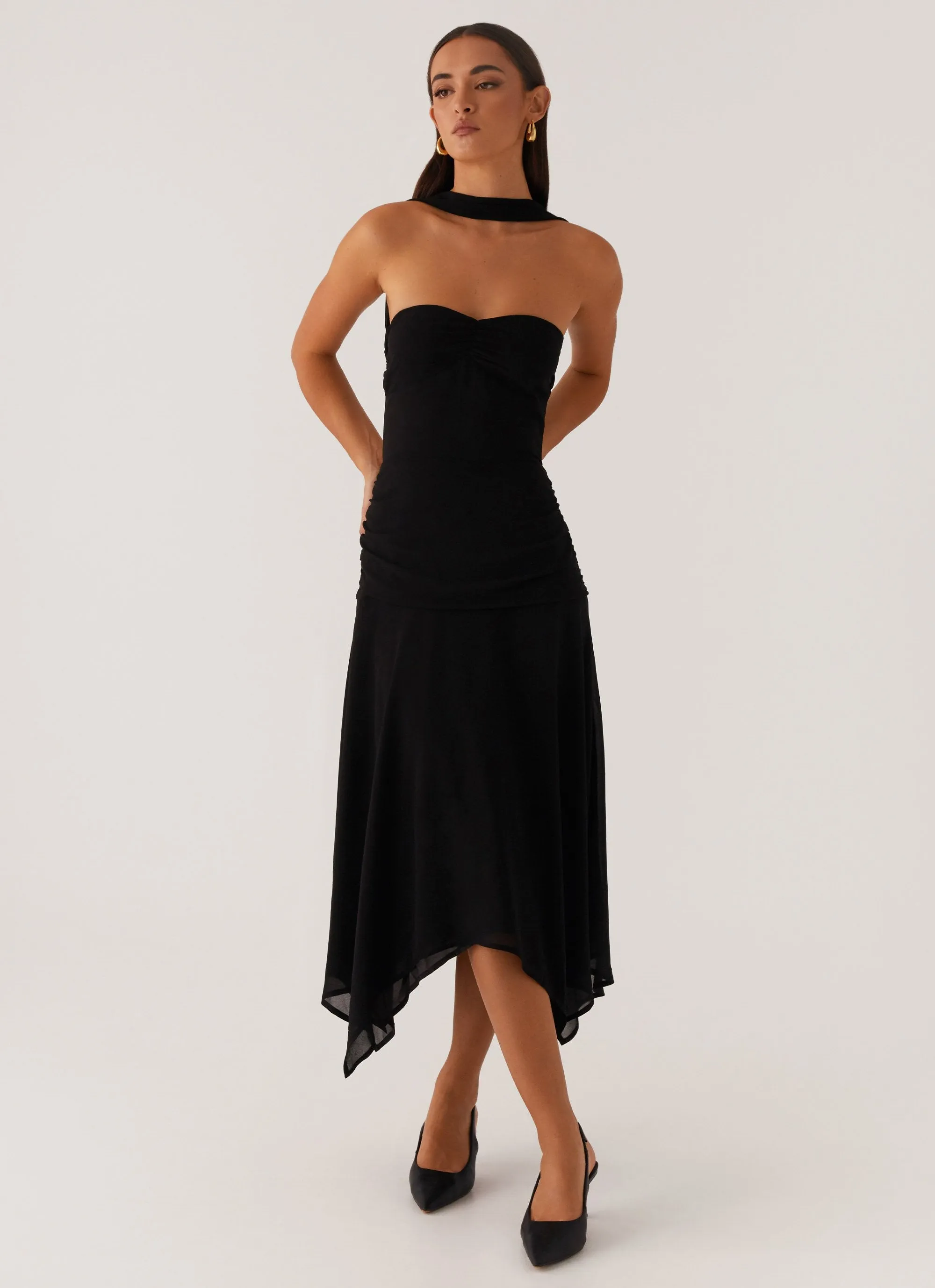 Leto Chiffon Midi Dress - Black Flower Soft Vibrant Light