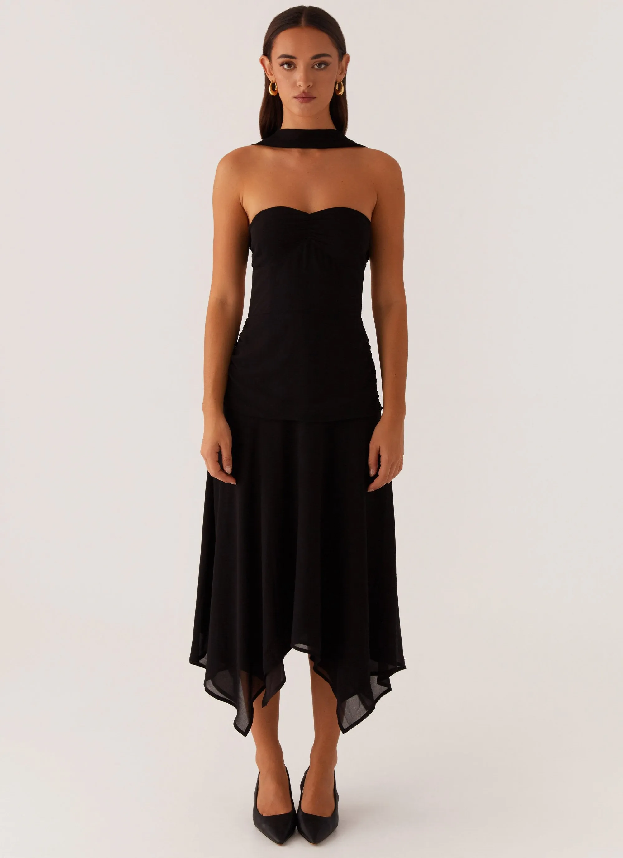 Leto Chiffon Midi Dress - Black Crisp Detail