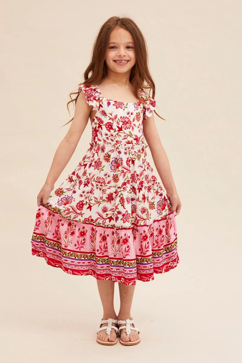 ReversibleStyle Basic Cool Boho Print Kids Midi Dress Tiered Boho
