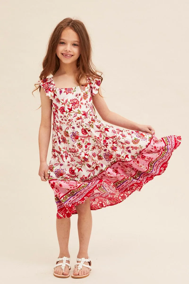 Boho Print Kids Midi Dress Tiered Boho Smile Soft Evening Chic