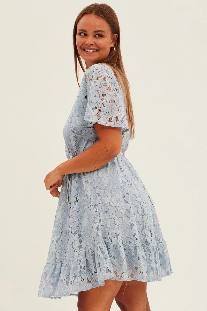 Church Scene Influencer-Approved Light Blue Fit And Flare Dress Short Sleeve Wrap Lace