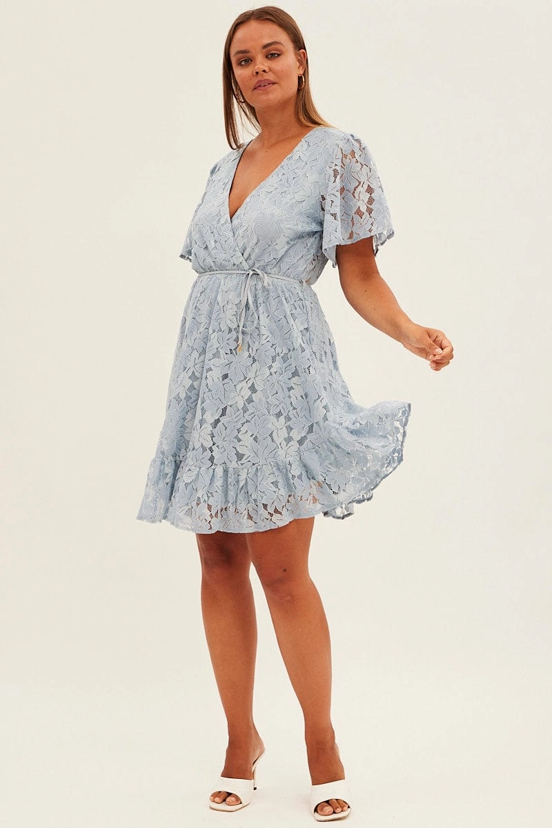Seasonal Fit Light Blue Fit And Flare Dress Short Sleeve Wrap Lace