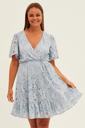 Light Blue Fit And Flare Dress Short Sleeve Wrap Lace Mood Booster Statement Mood