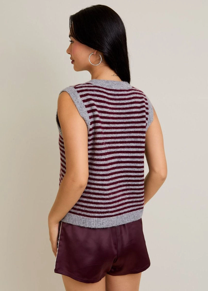 Trendy Winter Fit Comfort Wear Melie Stripe Sweater Vest - Heather Grey & Wine