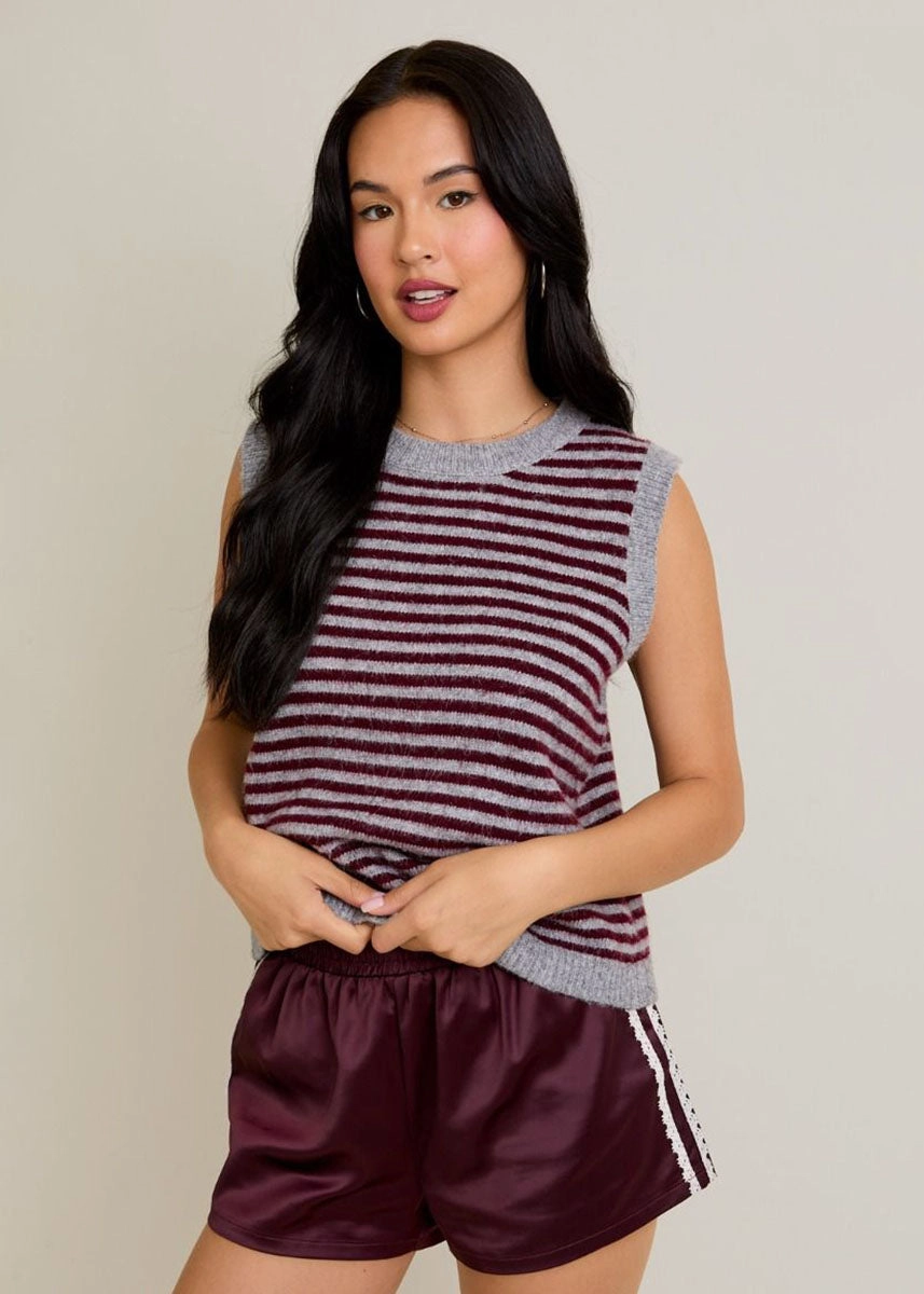 Melie Stripe Sweater Vest - Heather Grey & Wine Fade Resistant Dye Premium Comfort
