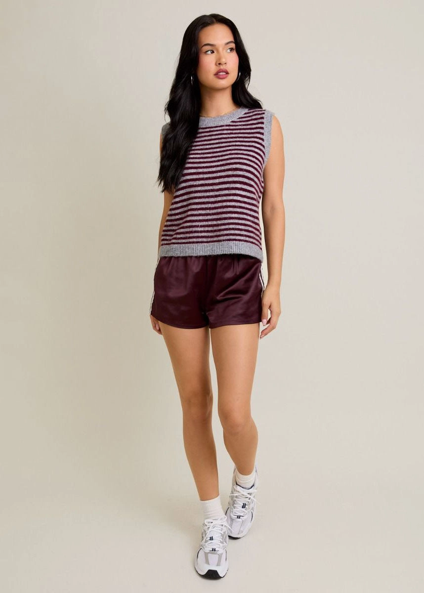 Breathable Look Melie Stripe Sweater Vest - Heather Grey & Wine