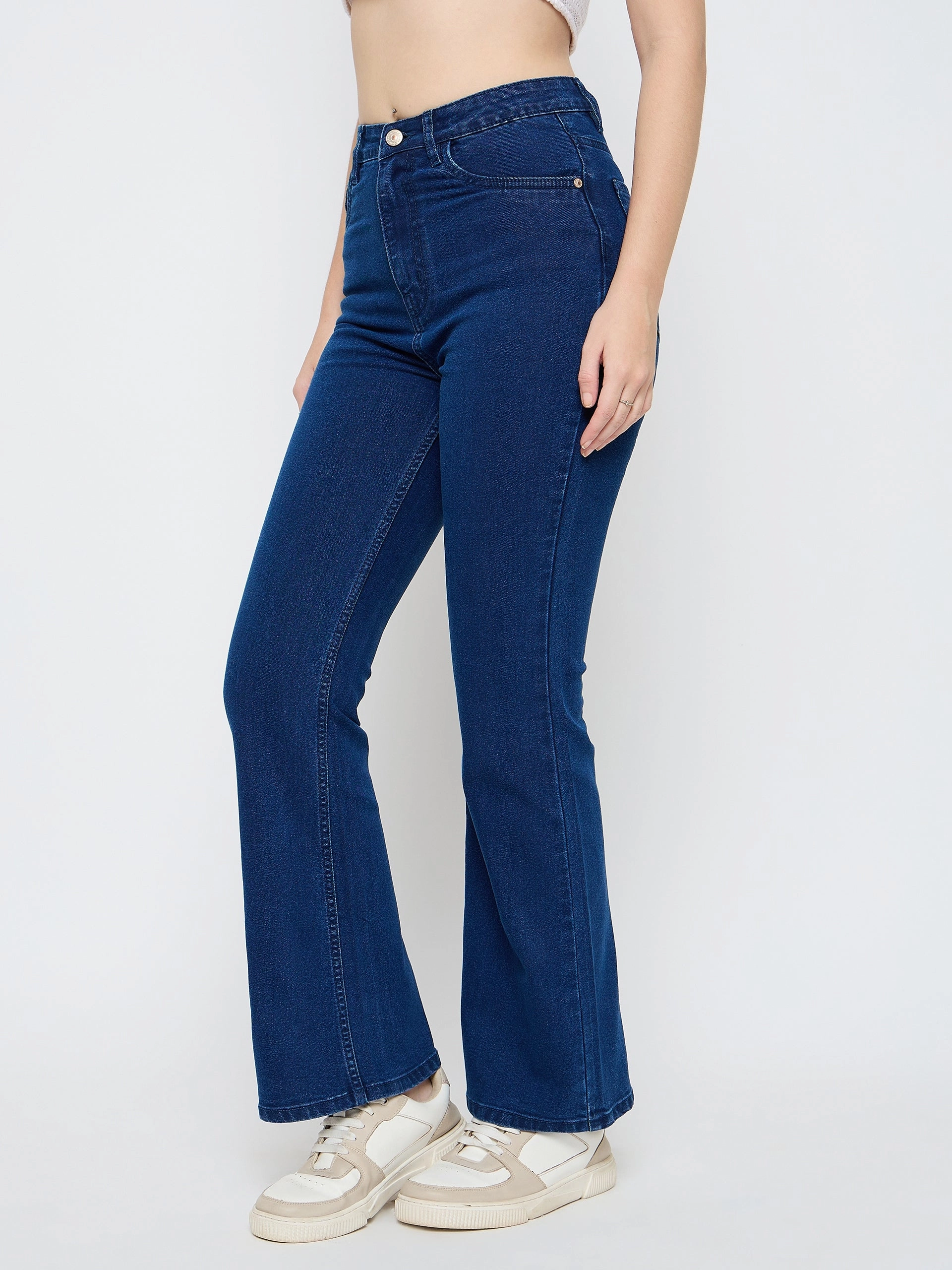 Weekend Getaway Luxury Beach Day Madame Cotton Blend Dark Blue Flared Jeans