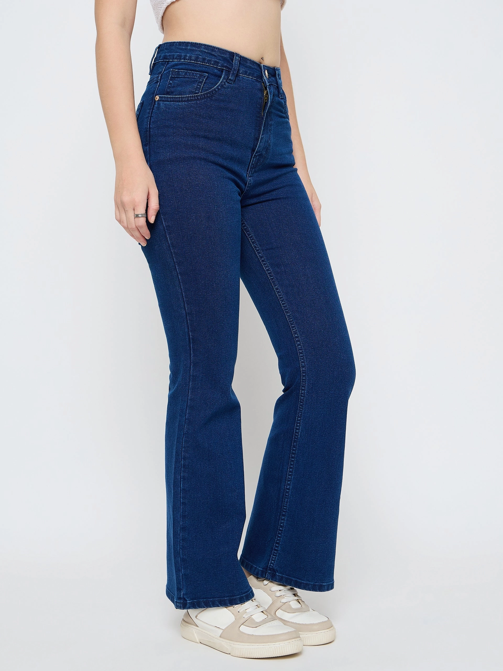 Madame Cotton Blend Dark Blue Flared Jeans Neutral Casual Streetwear Fan Comfortable Waistband