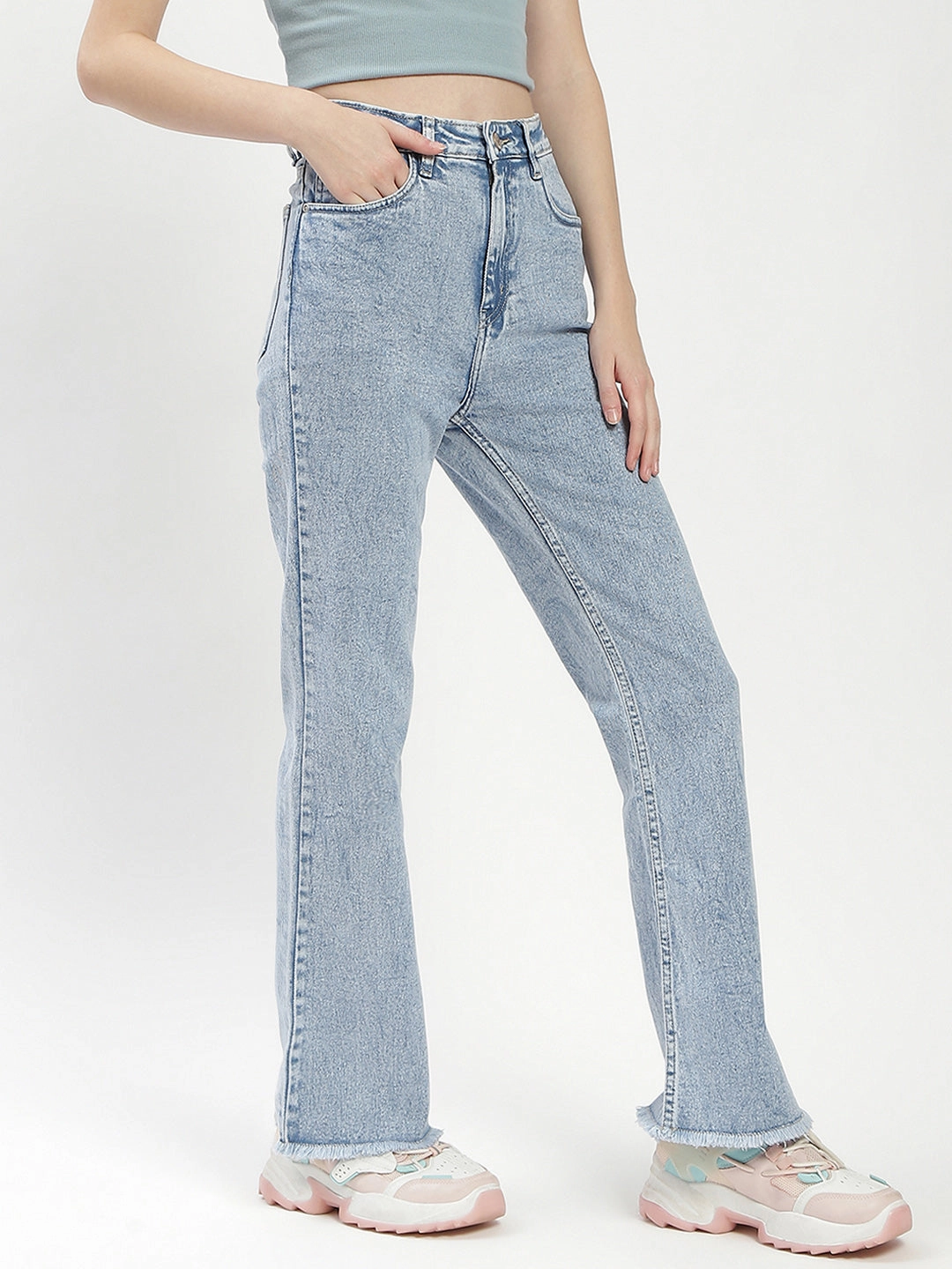 Go-To Garment Youth Style Office Wear Madame Light Blue Distressed Hem Flared Jeans