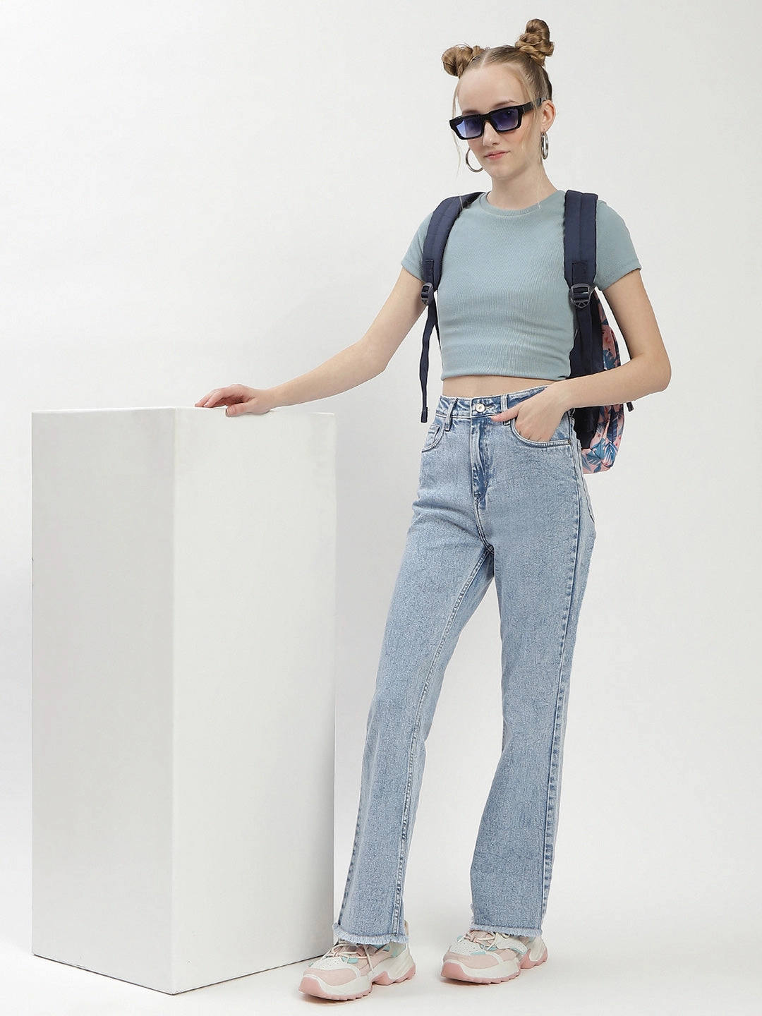 Night Out Rainy Day Madame Light Blue Distressed Hem Flared Jeans