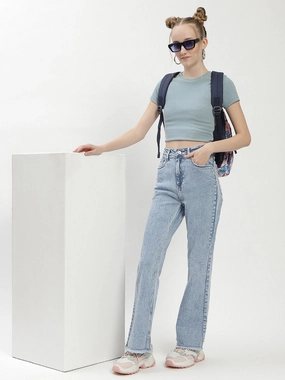 Night Out Rainy Day Madame Light Blue Distressed Hem Flared Jeans