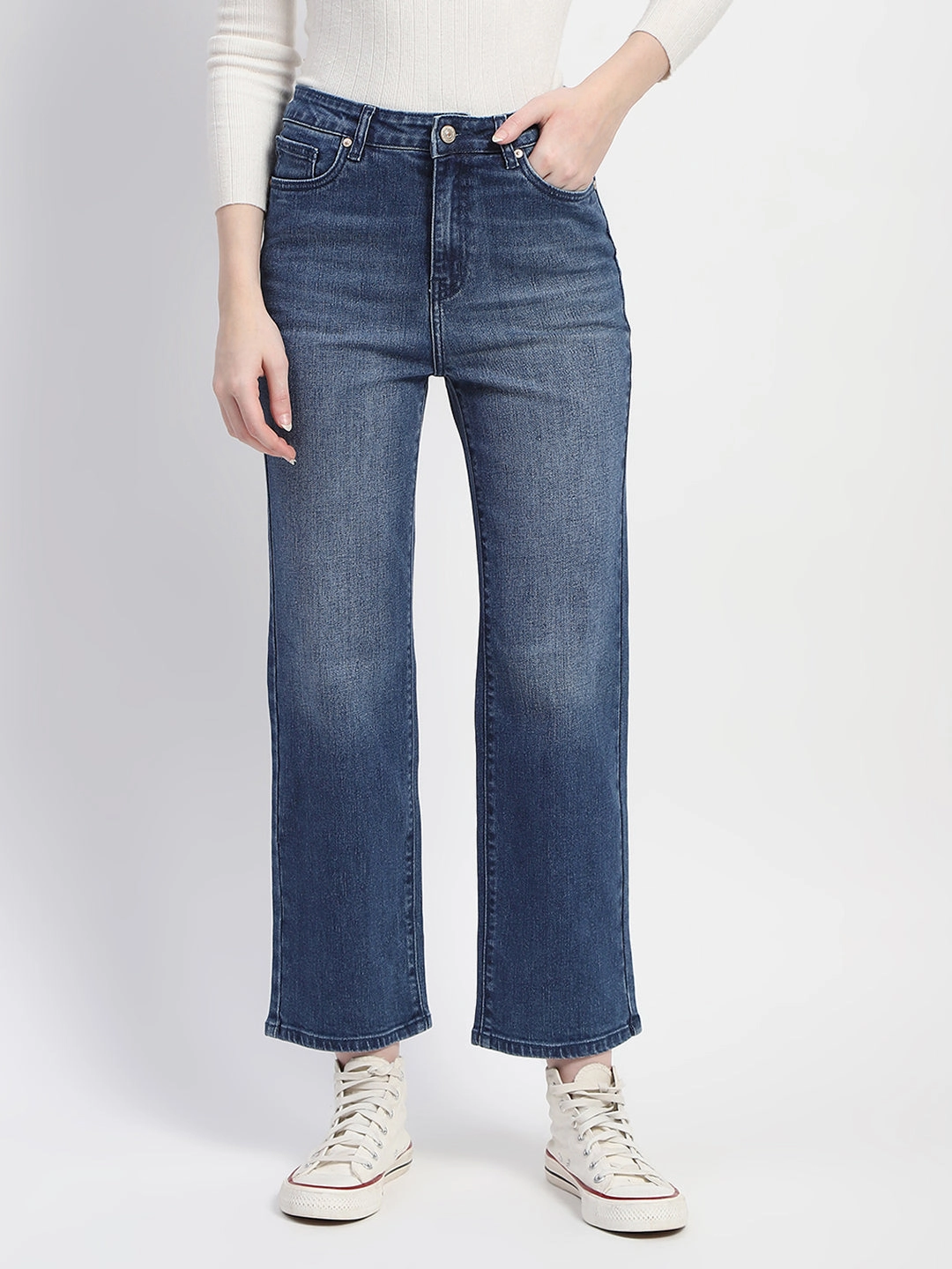 Madame Straight Fit Mid Blue Whiskered Denim Fit Anytime