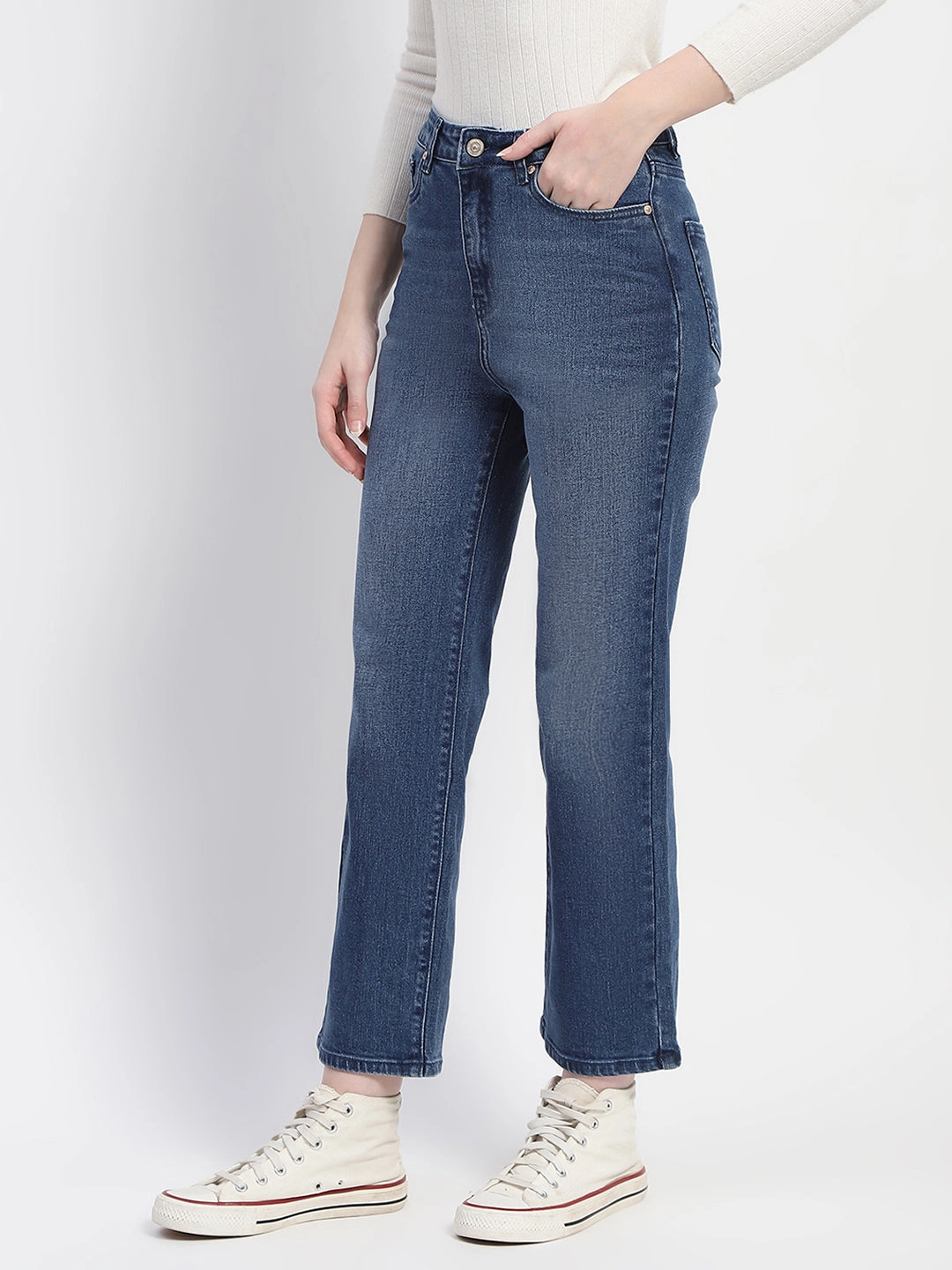 Madame Straight Fit Mid Blue Whiskered Denim Soft Aesthetic Base Comfort