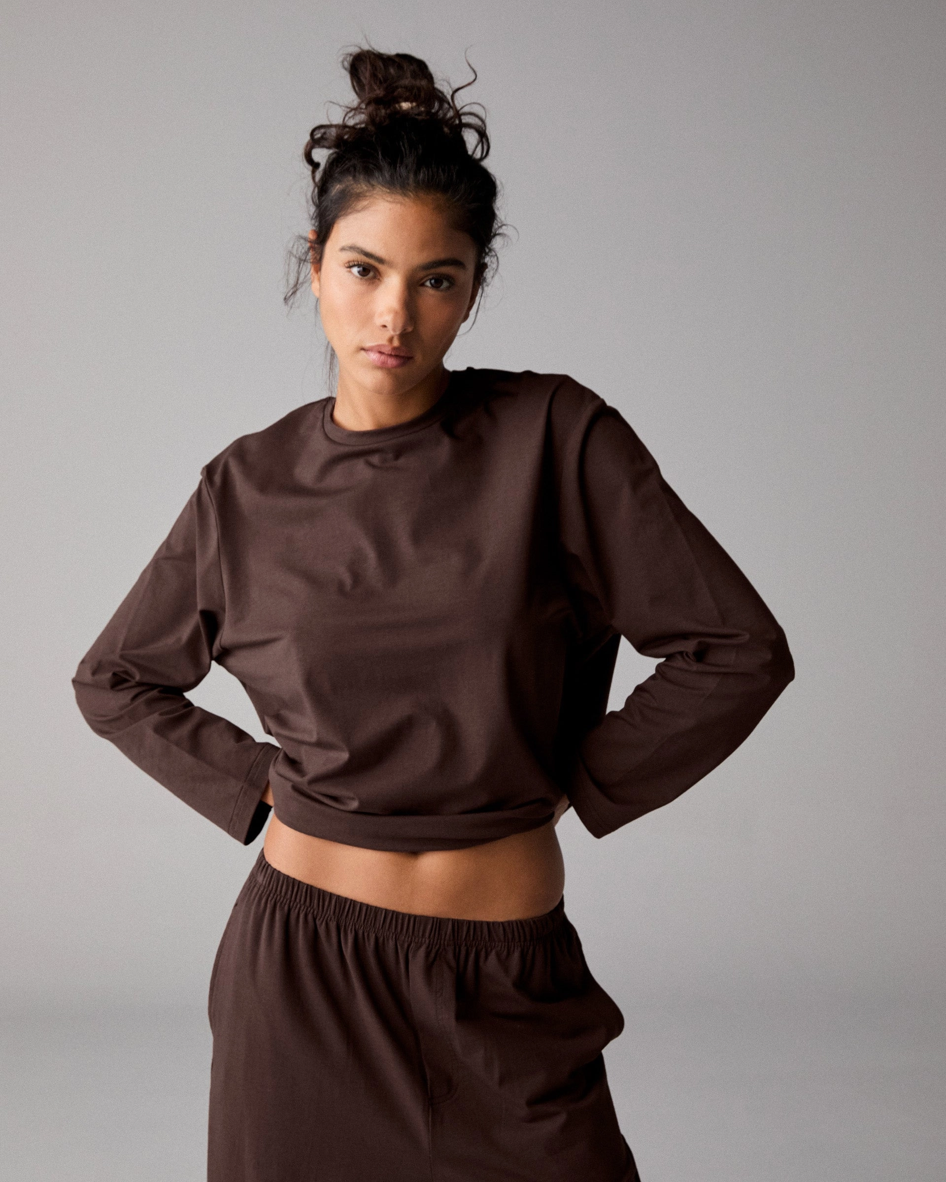 Yarn Dyed Fabric Modal Long Sleeve Oversized T-shirt - Chocolate Brown